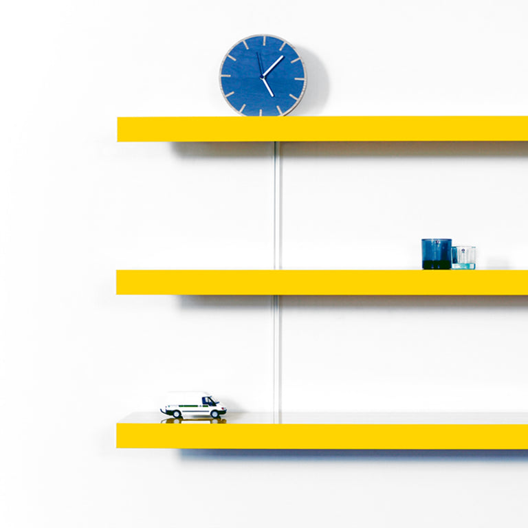 Bespoke colour wall shelving system with 3 x wall shelves in yellow