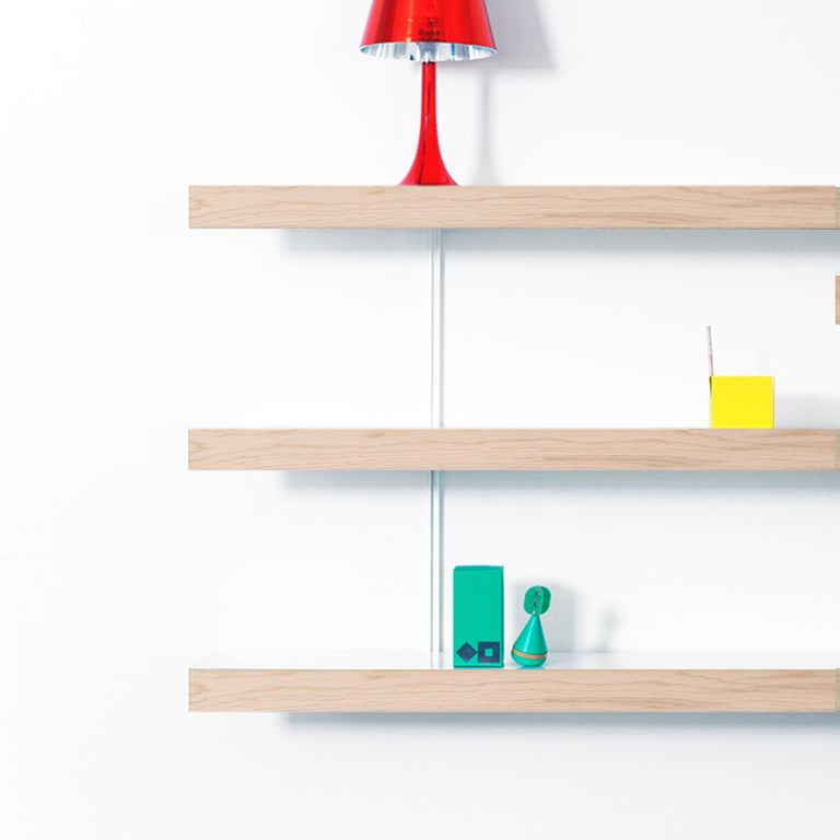 Modern white aluminium shelving system by ON&ON with oak fronts