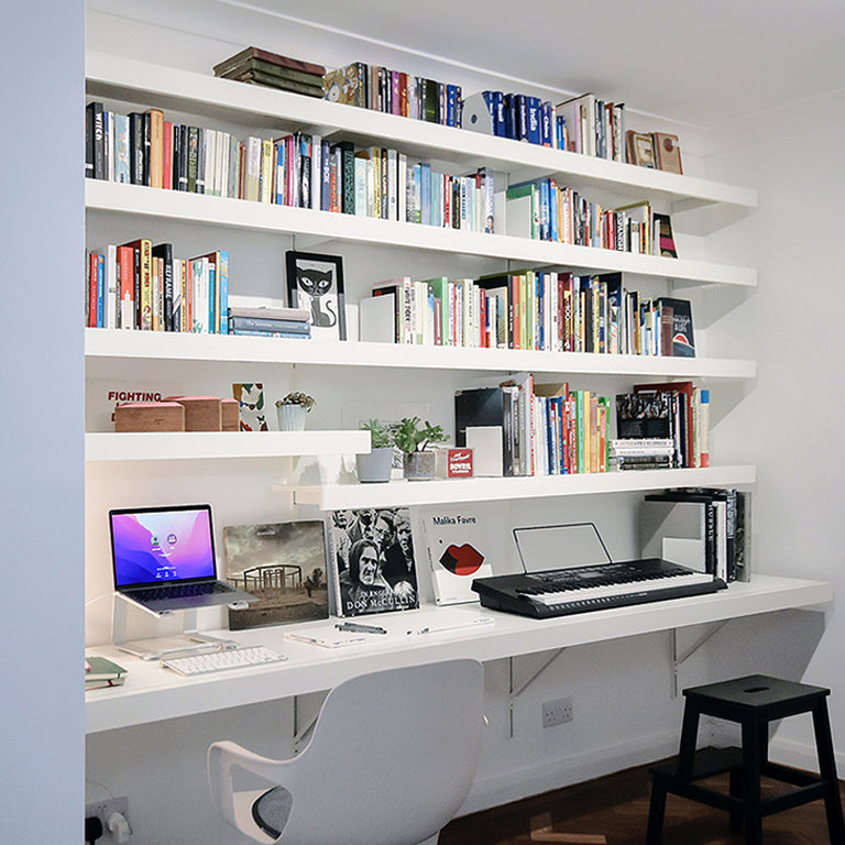 Made to measure home office in white with large floating wall desk by ON&ON