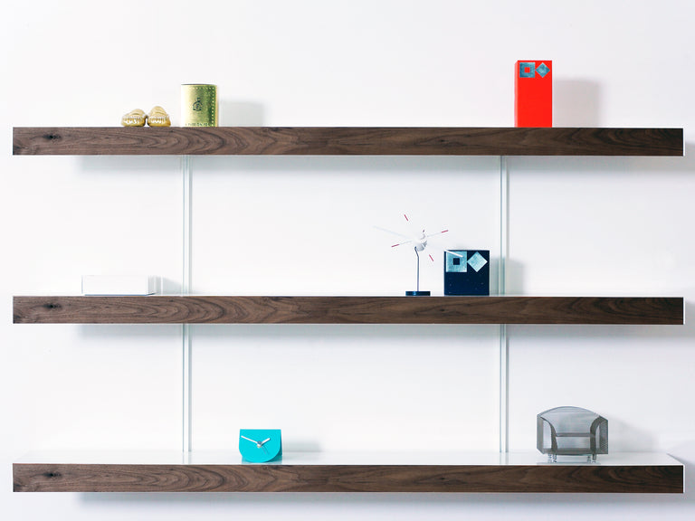 Modern white aluminium shelving system by ON&ON with walnut fronts