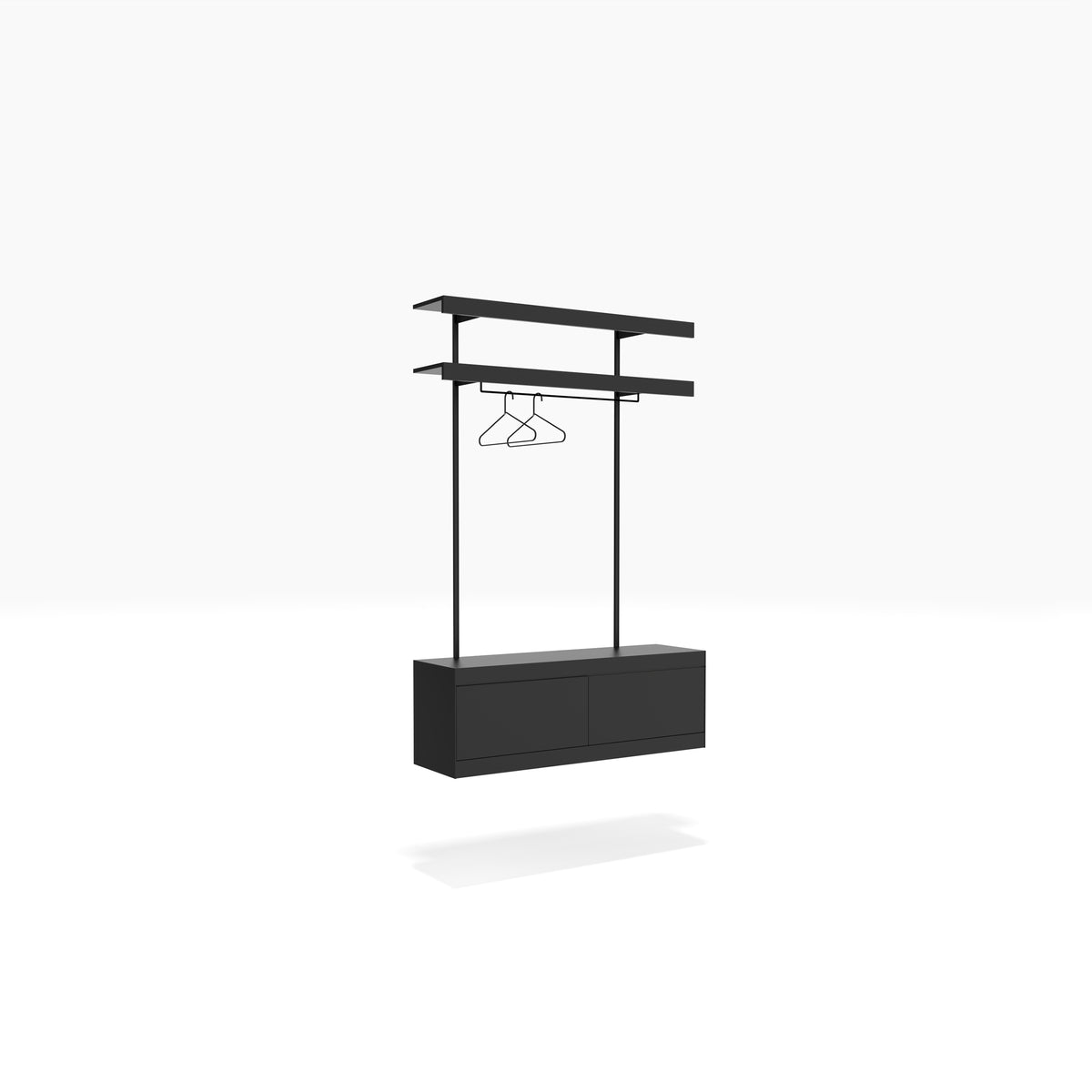 Modern black shelving system with drawer cabinet and clothes hangers