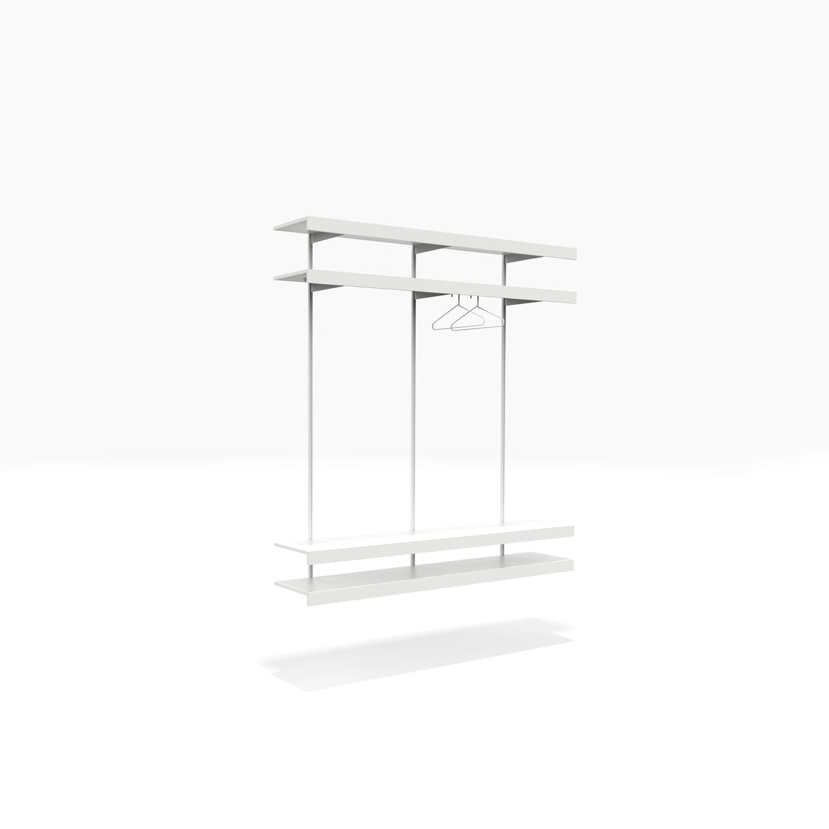 Wardrobe shelving system in white with white wall shelves and clothes hanger by ON&ON