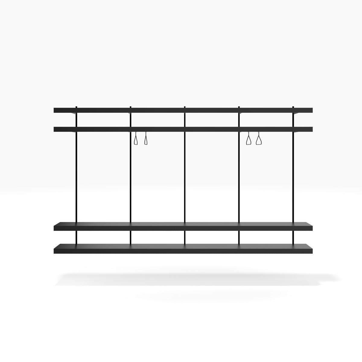 Large black wardrobe shelving system with hidden clothes hangers by ON&ON