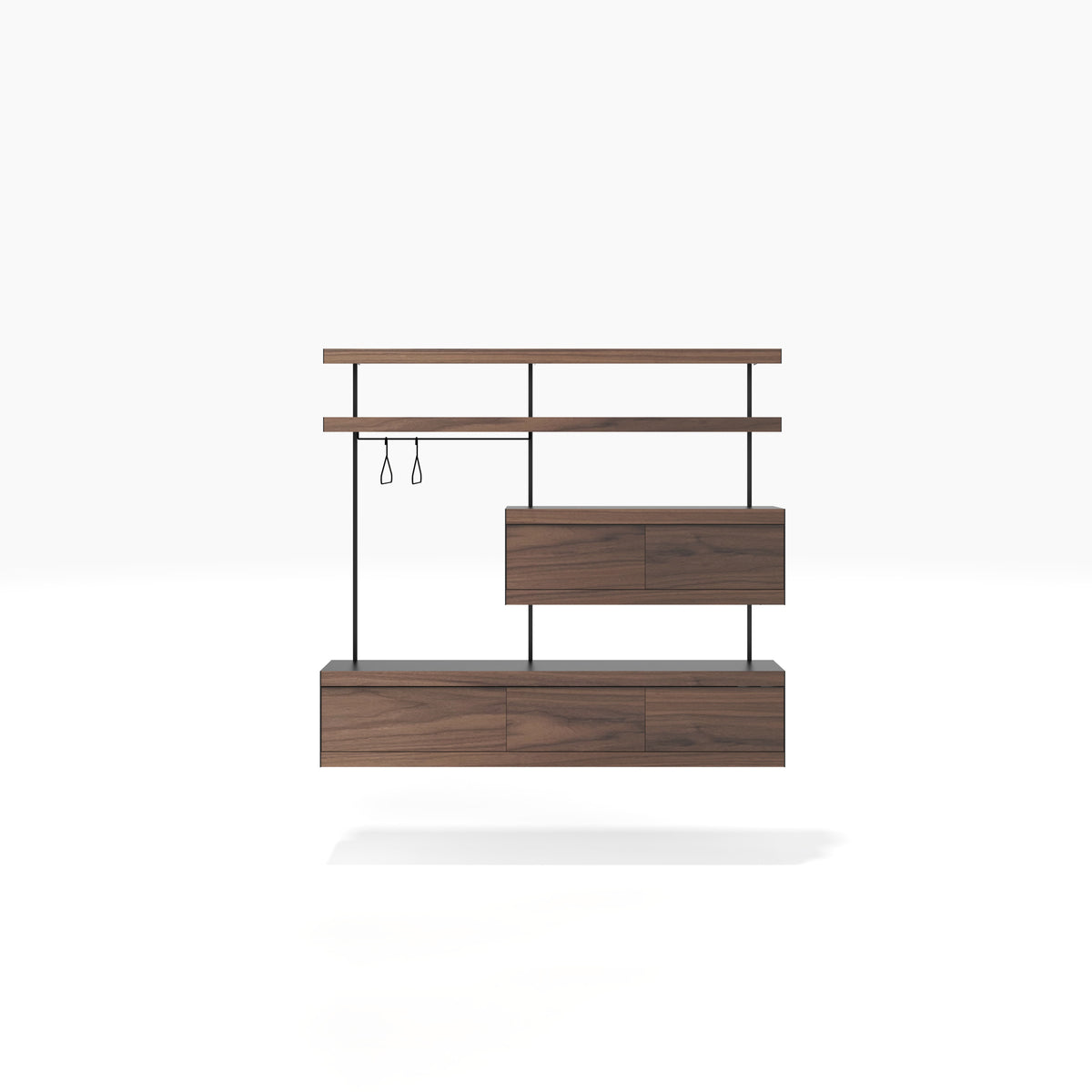 Black wardrobe shelving system with walnut fronts by ON&ON
