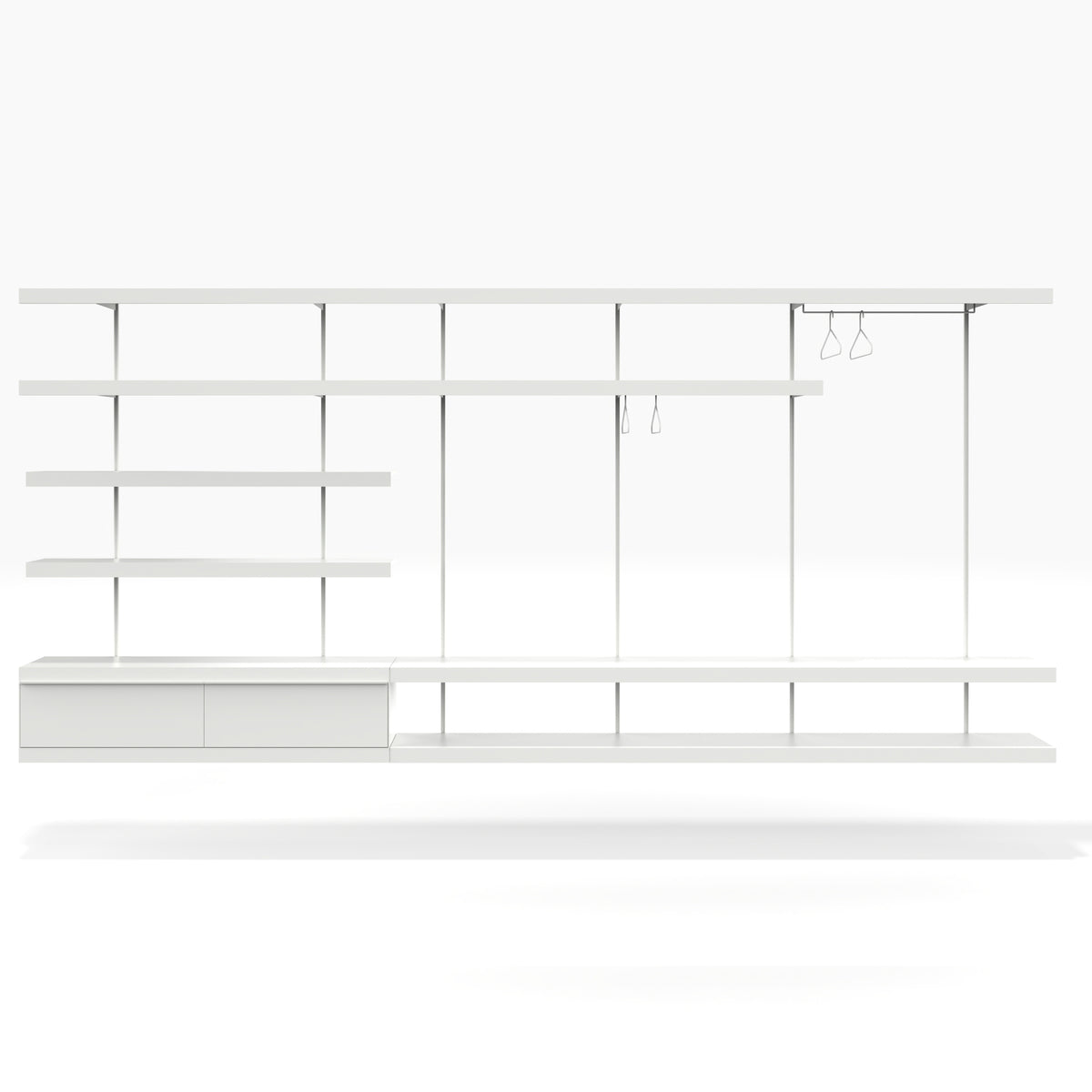 Large wall mounted shelving system with clothes rails and drawers