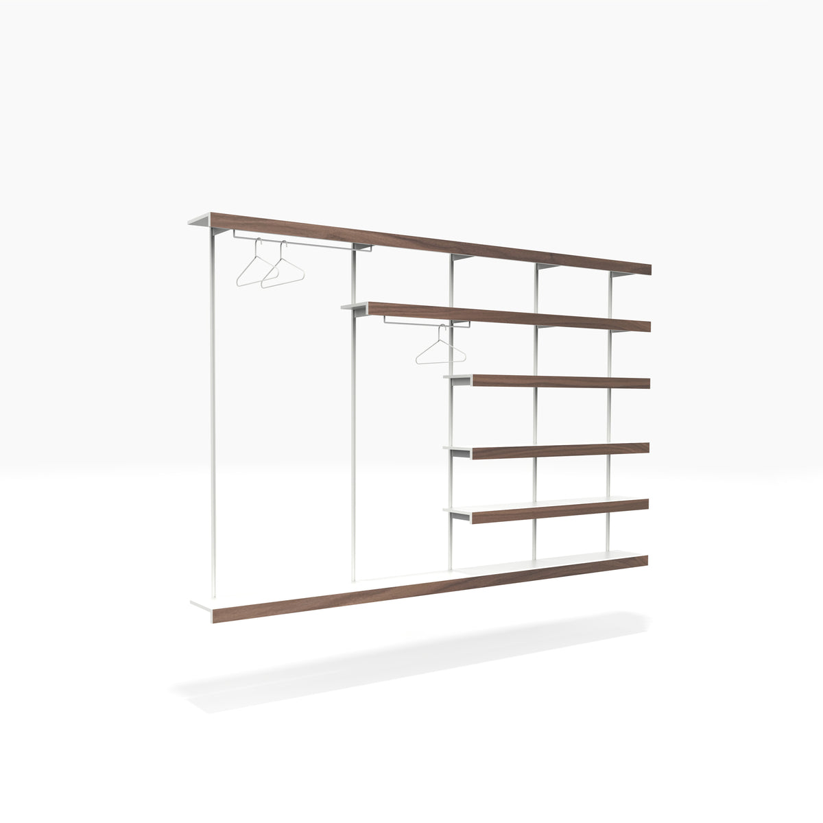 Large white open wardrobe shelving system with walnut fronts and clothes hangers