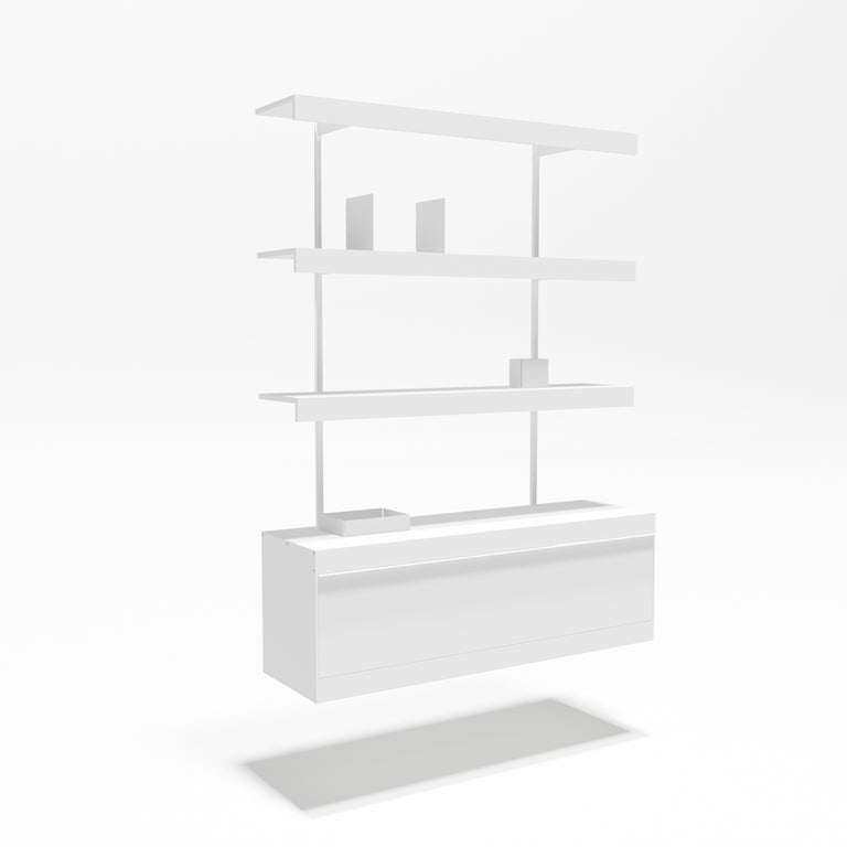 A minimalist white floating retail display stand with multiple horizontal shelves and a lower counter-like base, shown on a clean white studio background.