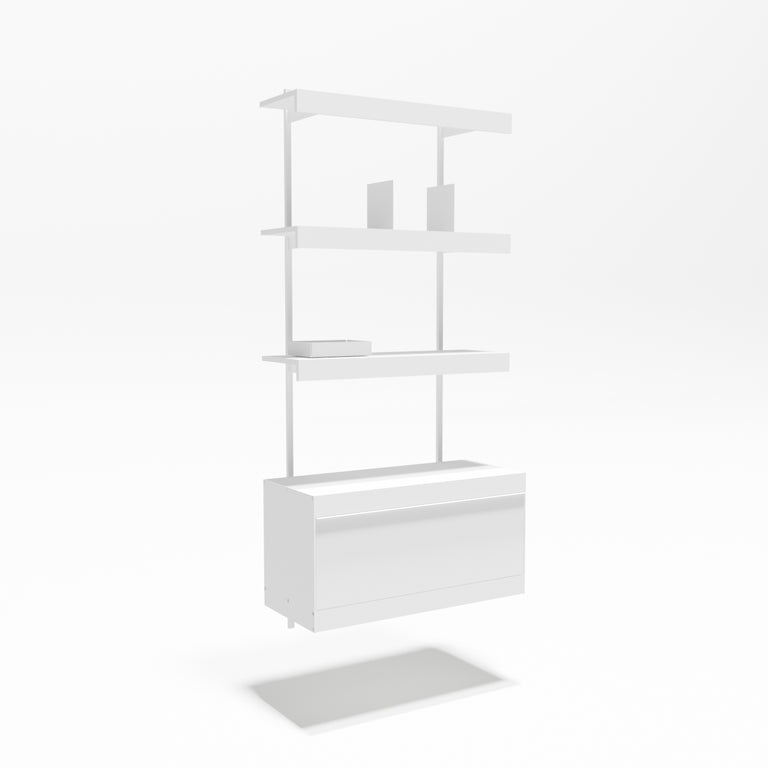 A minimalist white floating shelving unit with three open shelves and a lower storage cabinet, shown against a clean white background with a soft shadow underneath.