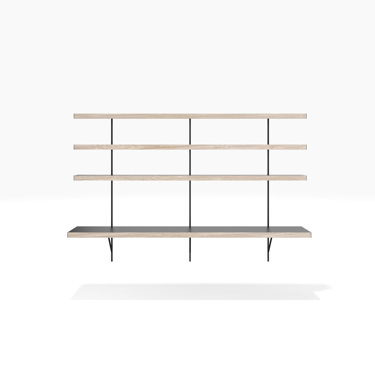 Black and oak office desk shelving system with 3 x wall shelves above by ON&ON