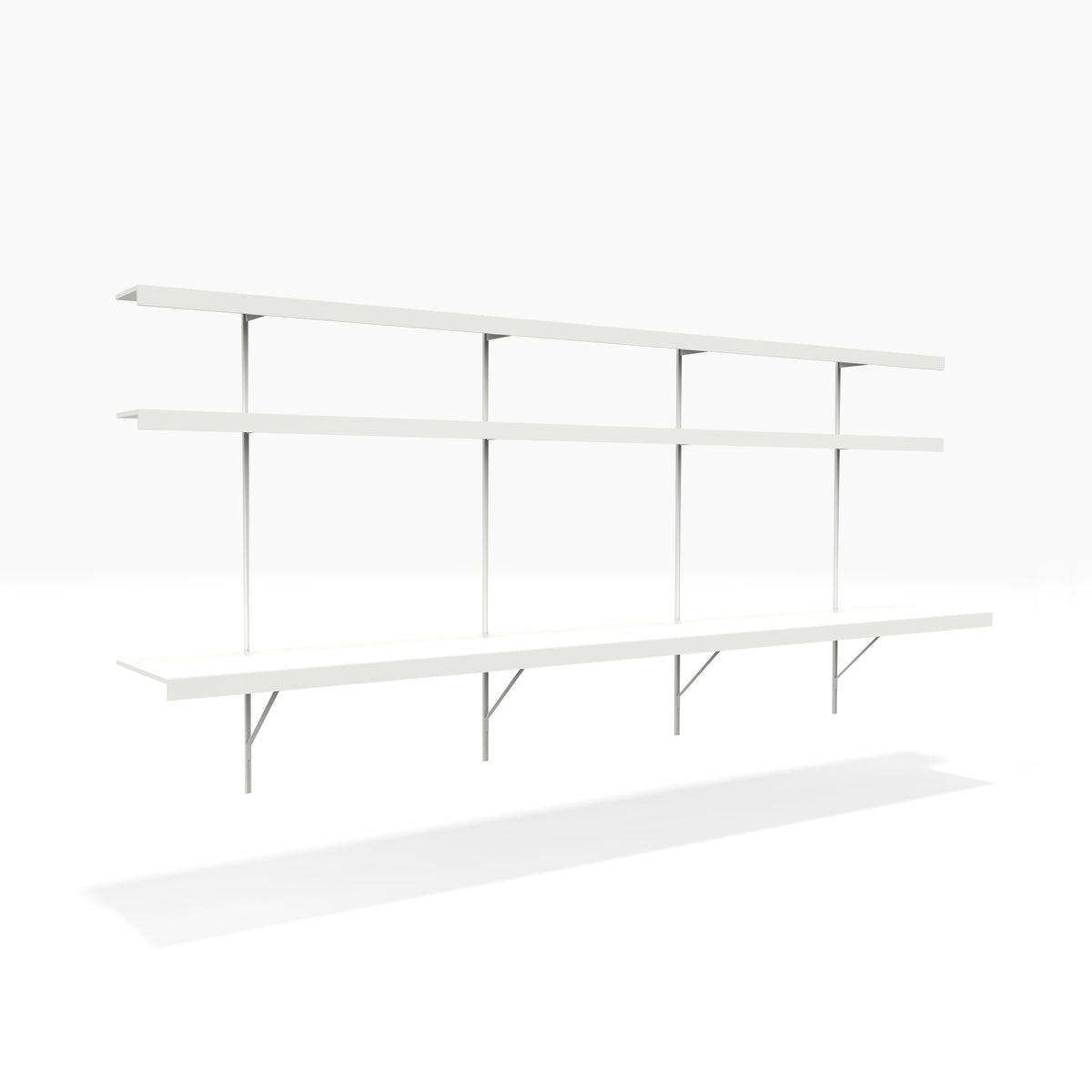 Large white floating desk system D with wall mounted desk and white shelves above