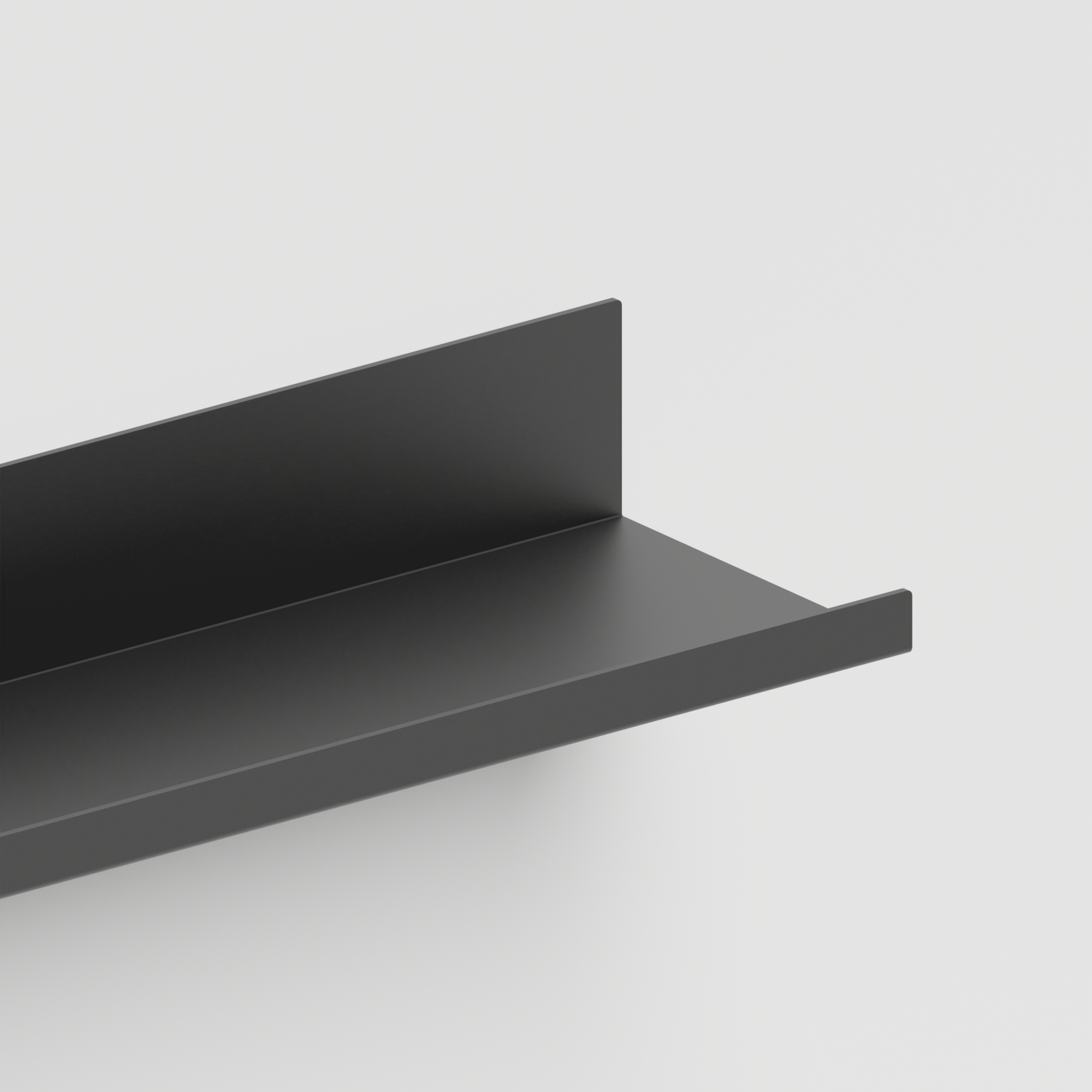 A close-up of a matte black metal shelf bracket corner against a light gray background.