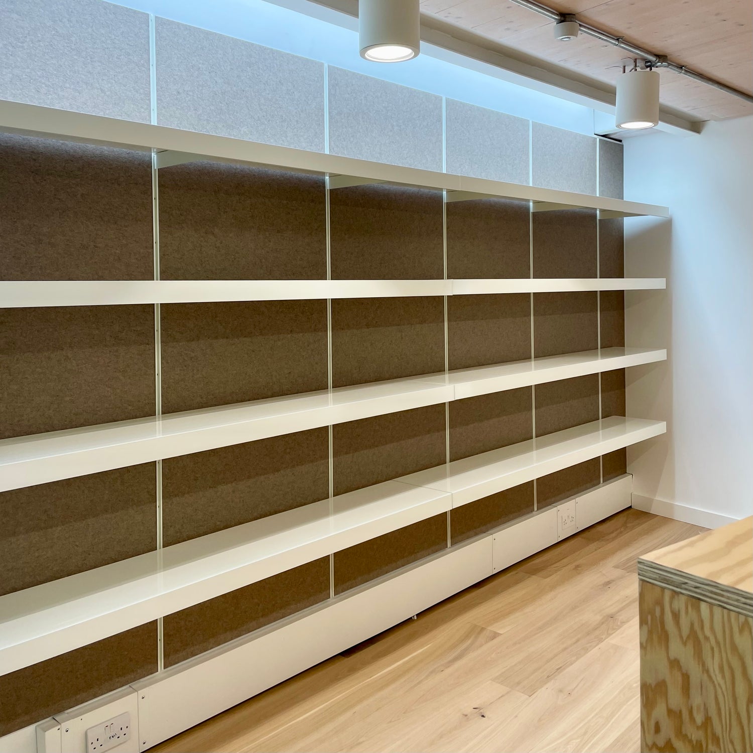 Office shelving systems for office library with acoustic panels