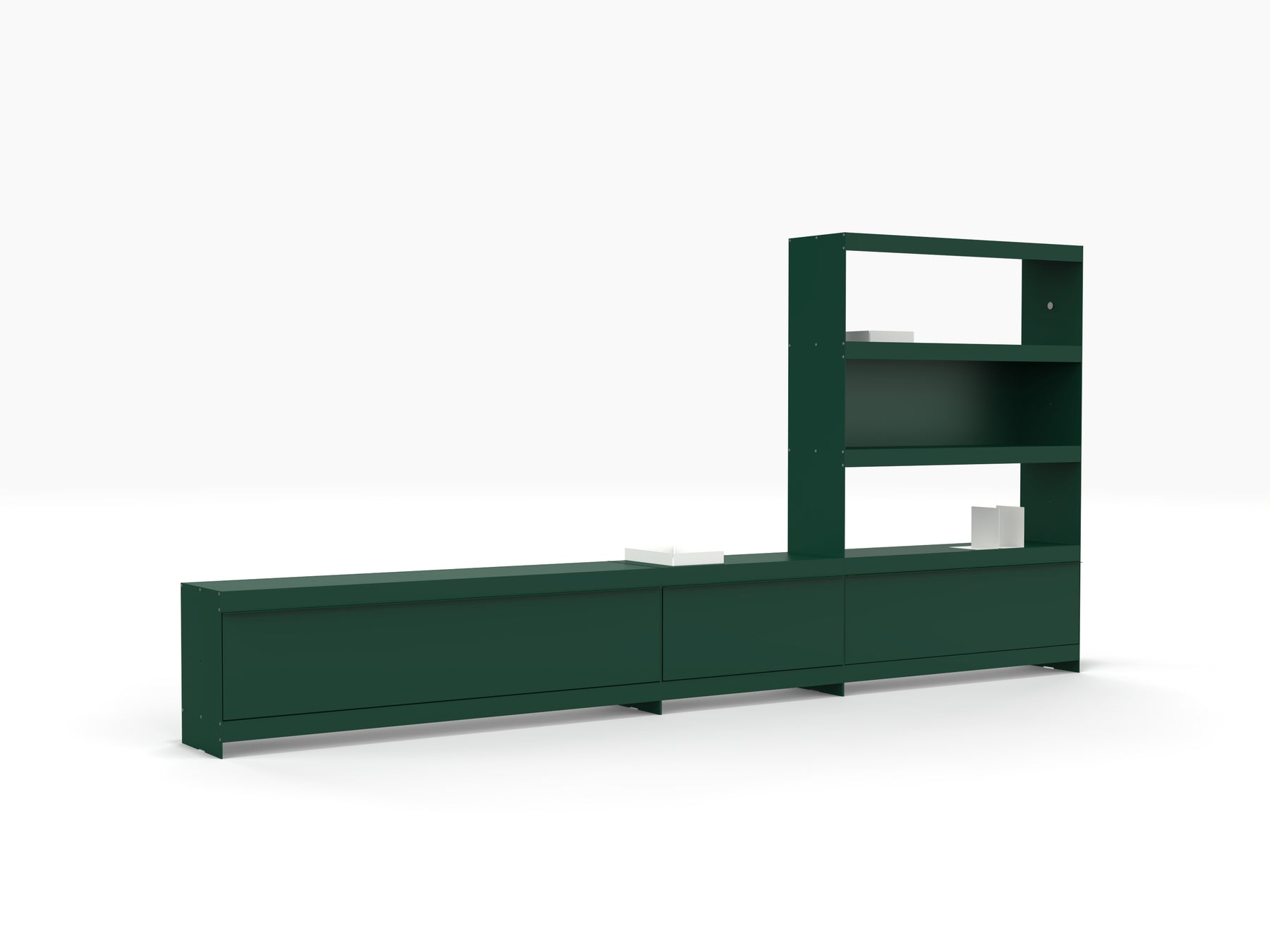 SPAN shelving system extra long TV stand with modular bookcase in green
