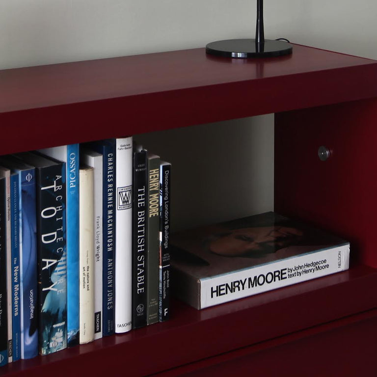 Red bookshelf with books including 'Henry Moore' on a plain background