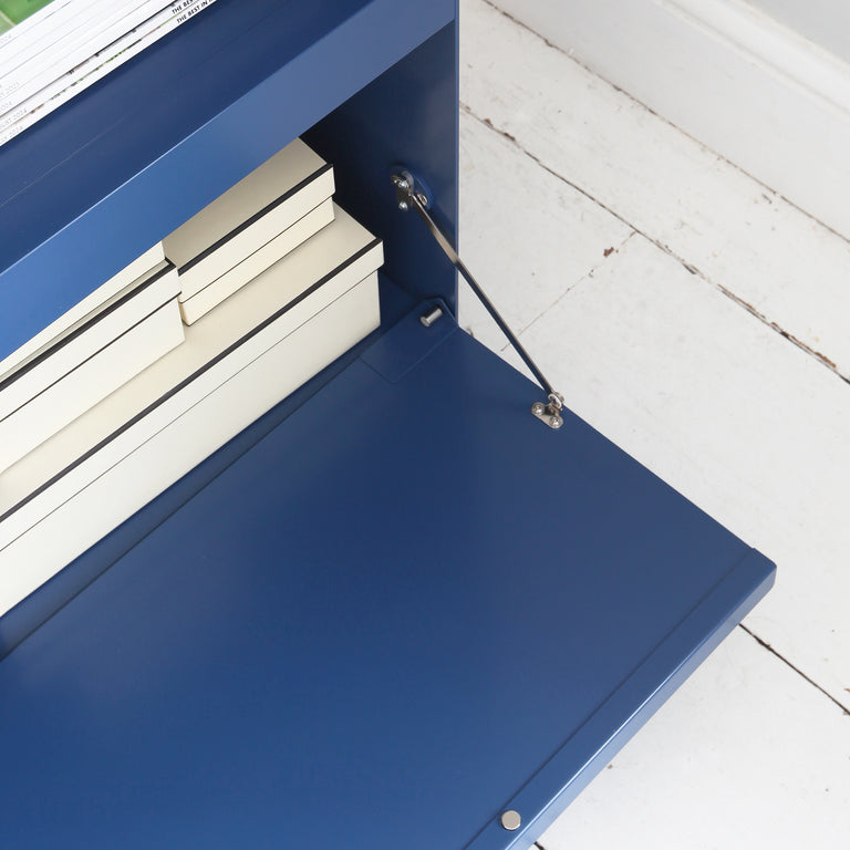 span blue modular shelving unit cabinet fold down door open