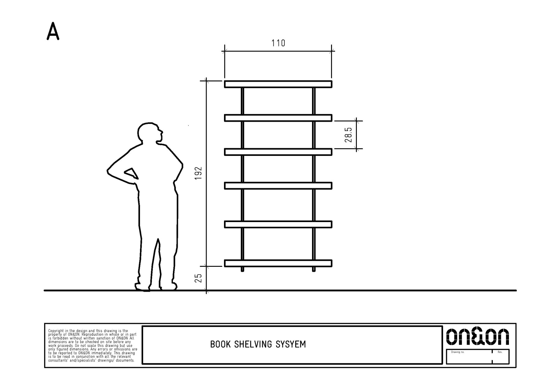alcove book shelving drawing A with dimensions
