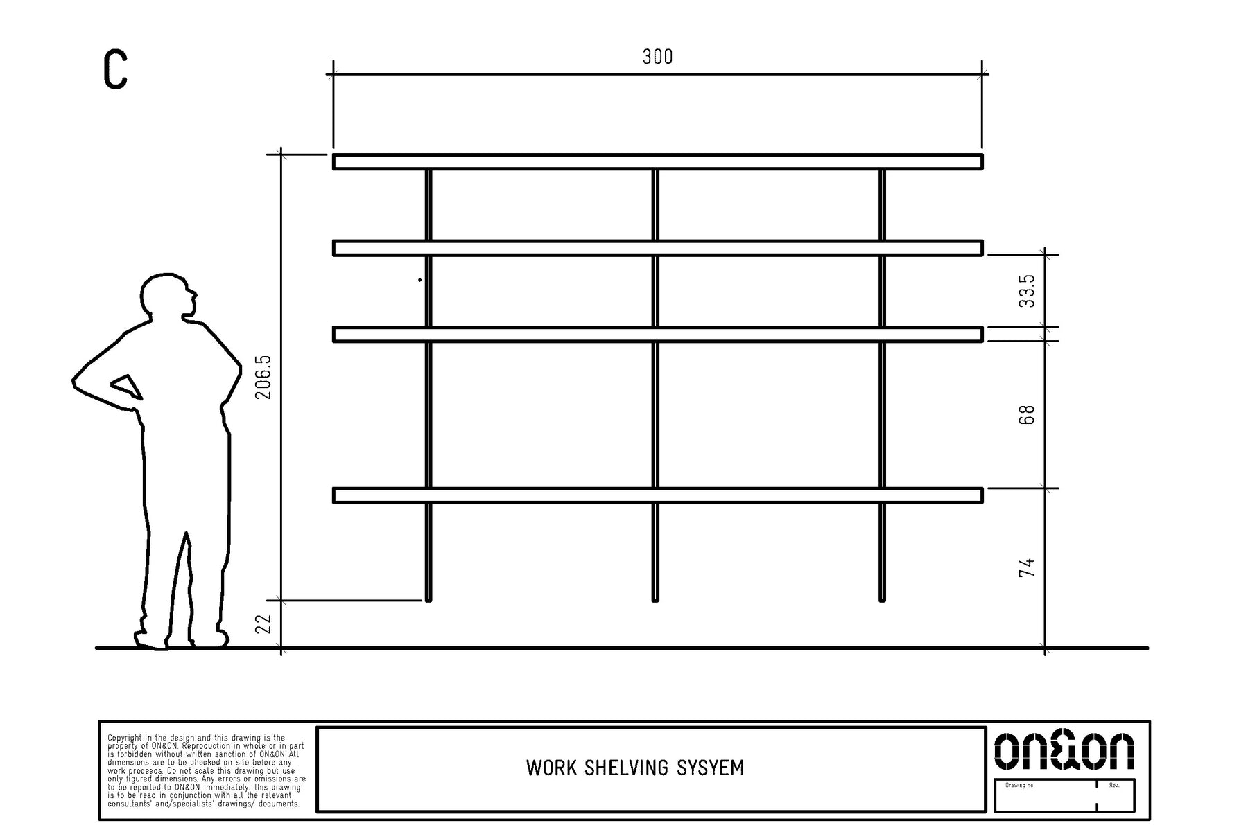 drawing large computer wall desk with shelves dimensions C
