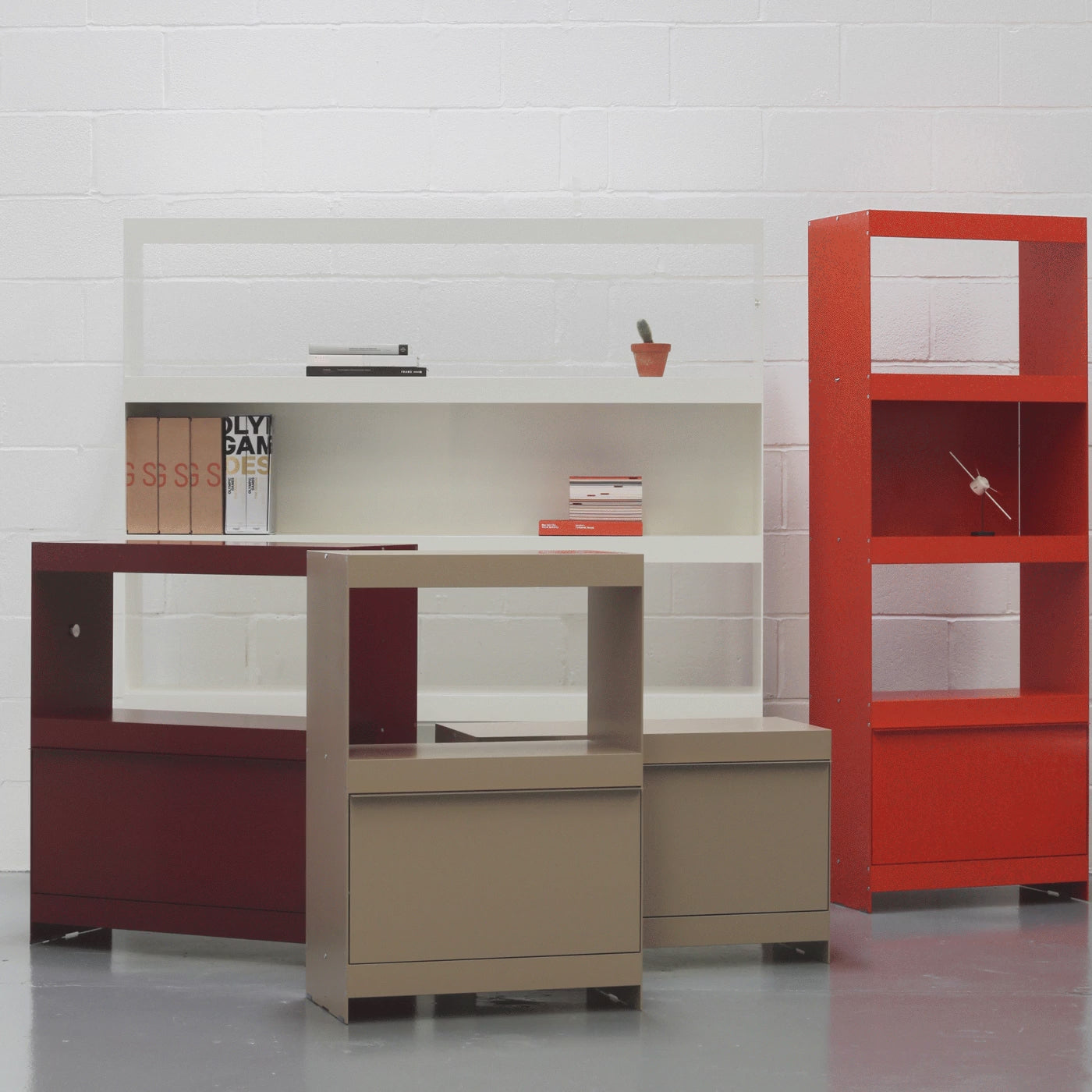 modular colourful aluminium shelving units joins together