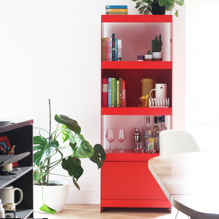 modern aluminium bookcase red tall shelving unit with cabinet door