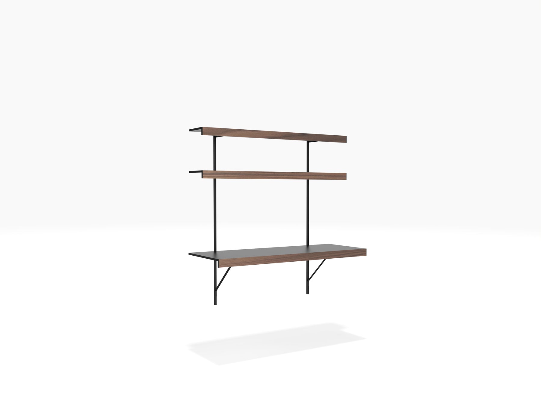 Black & walnut wall mounted modular shelving with desk