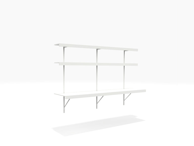 home office shelving system with wall mounted desk and shelves above for extra storage