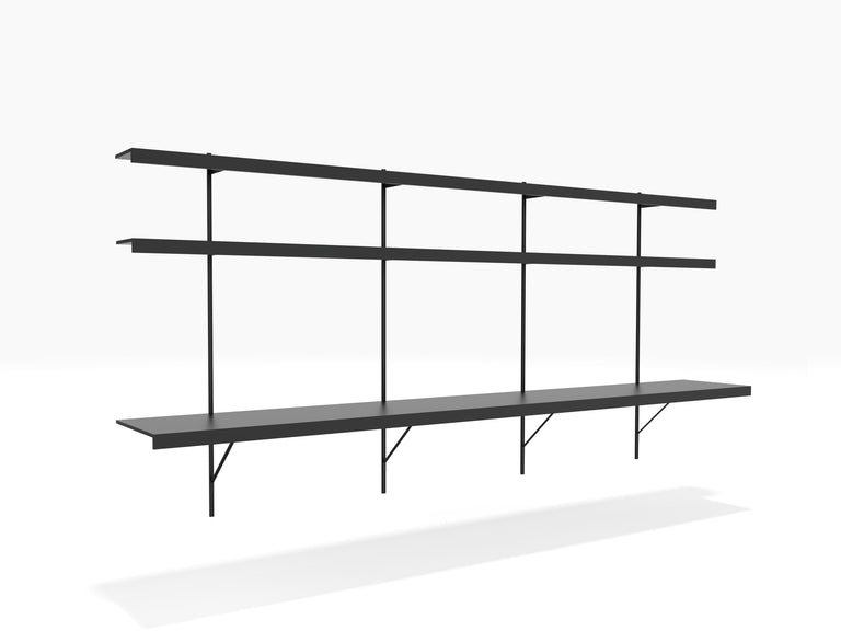 Floating wall desk for 3 users and adjustable wall shelves above in black