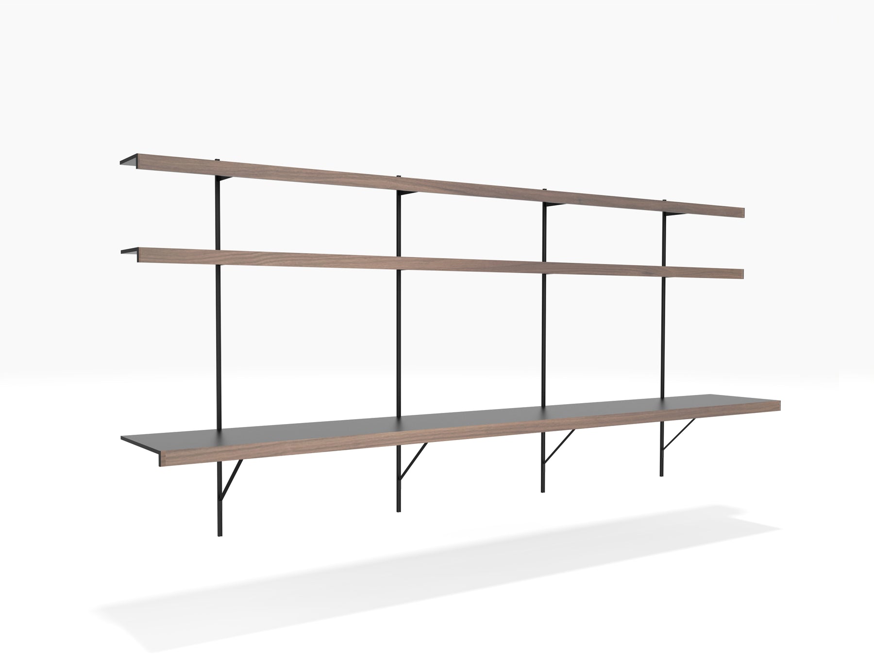 Black & walnut wall shelving system with large wall desk