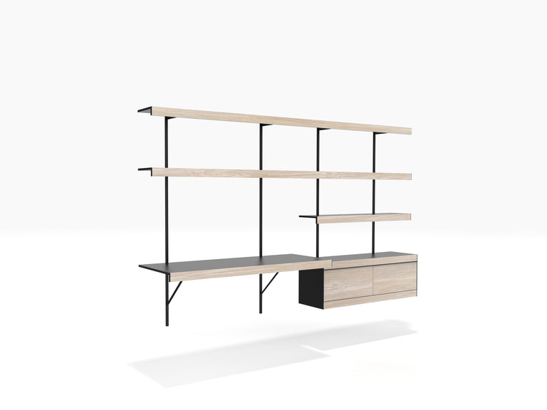 Black & oak wall shelving with wall desk and drawer cabinet