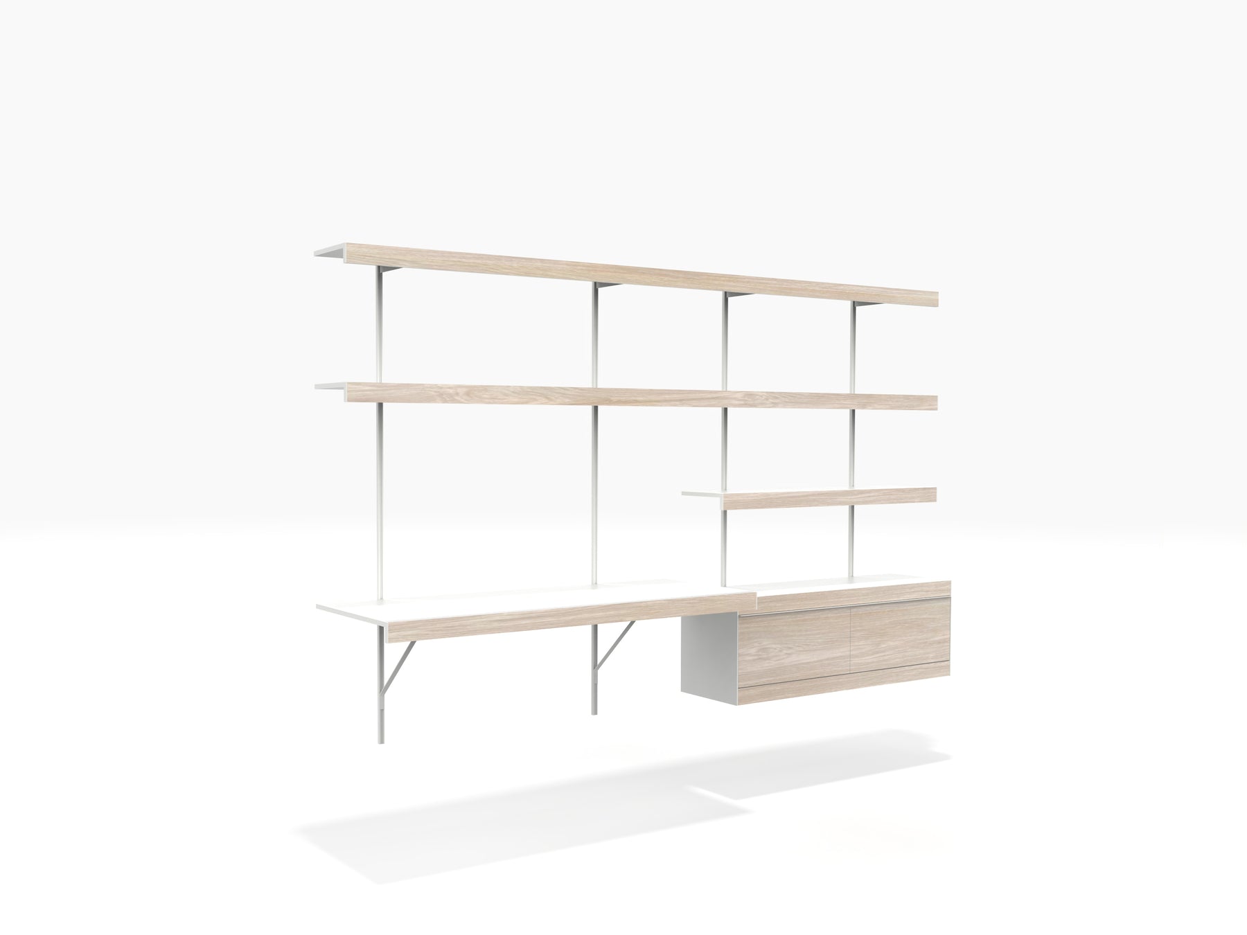 white & oak office wall shelving with floating desk and cabinet