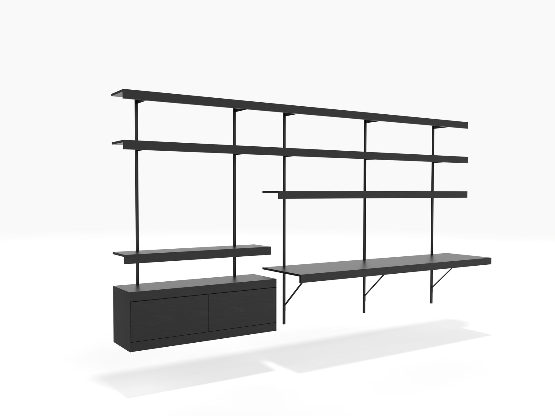 large floating wall desk with long seamless shelves above with wall cabinet