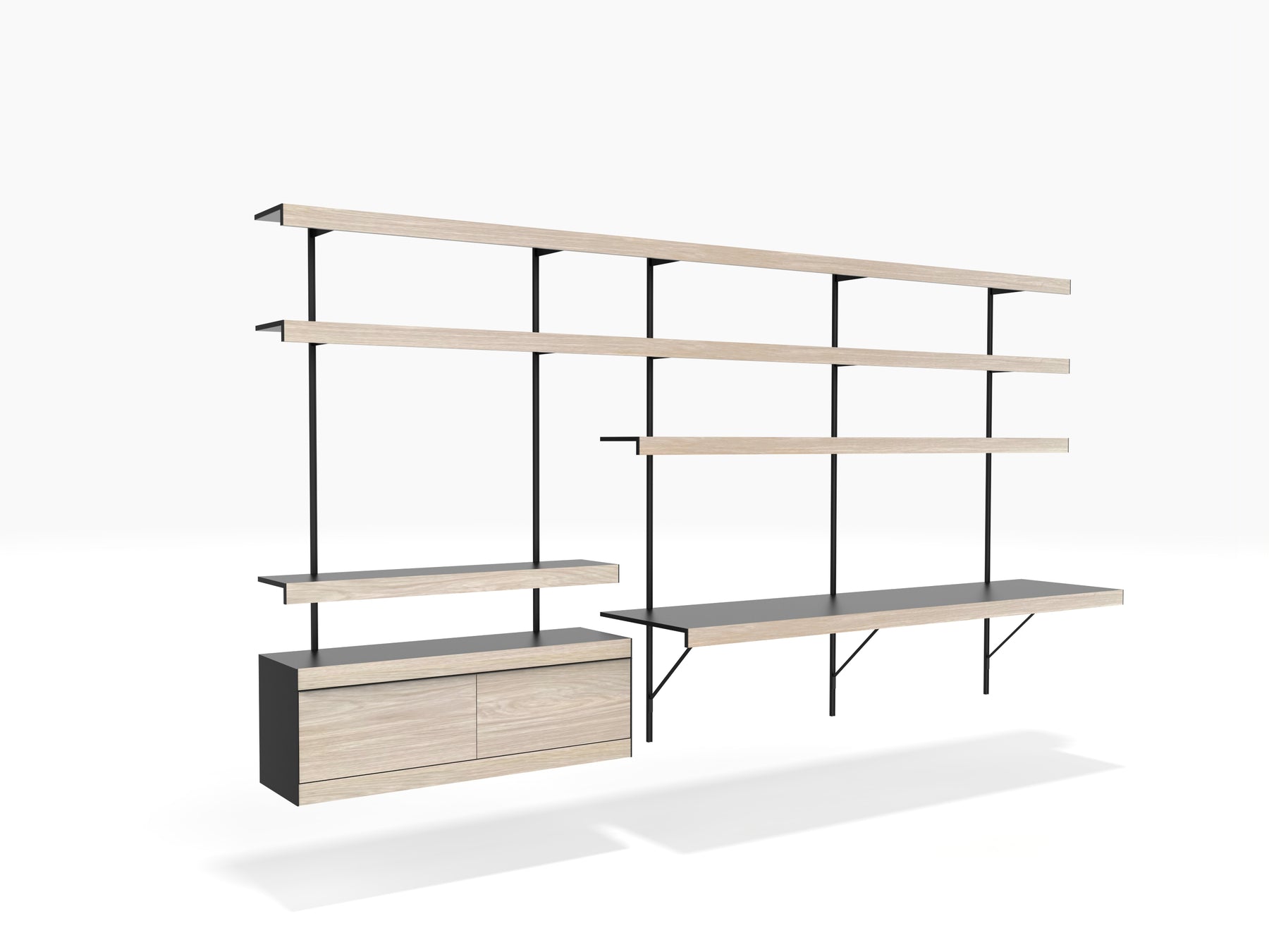 Contemporary office shelving system wall mounted with large desk & storage