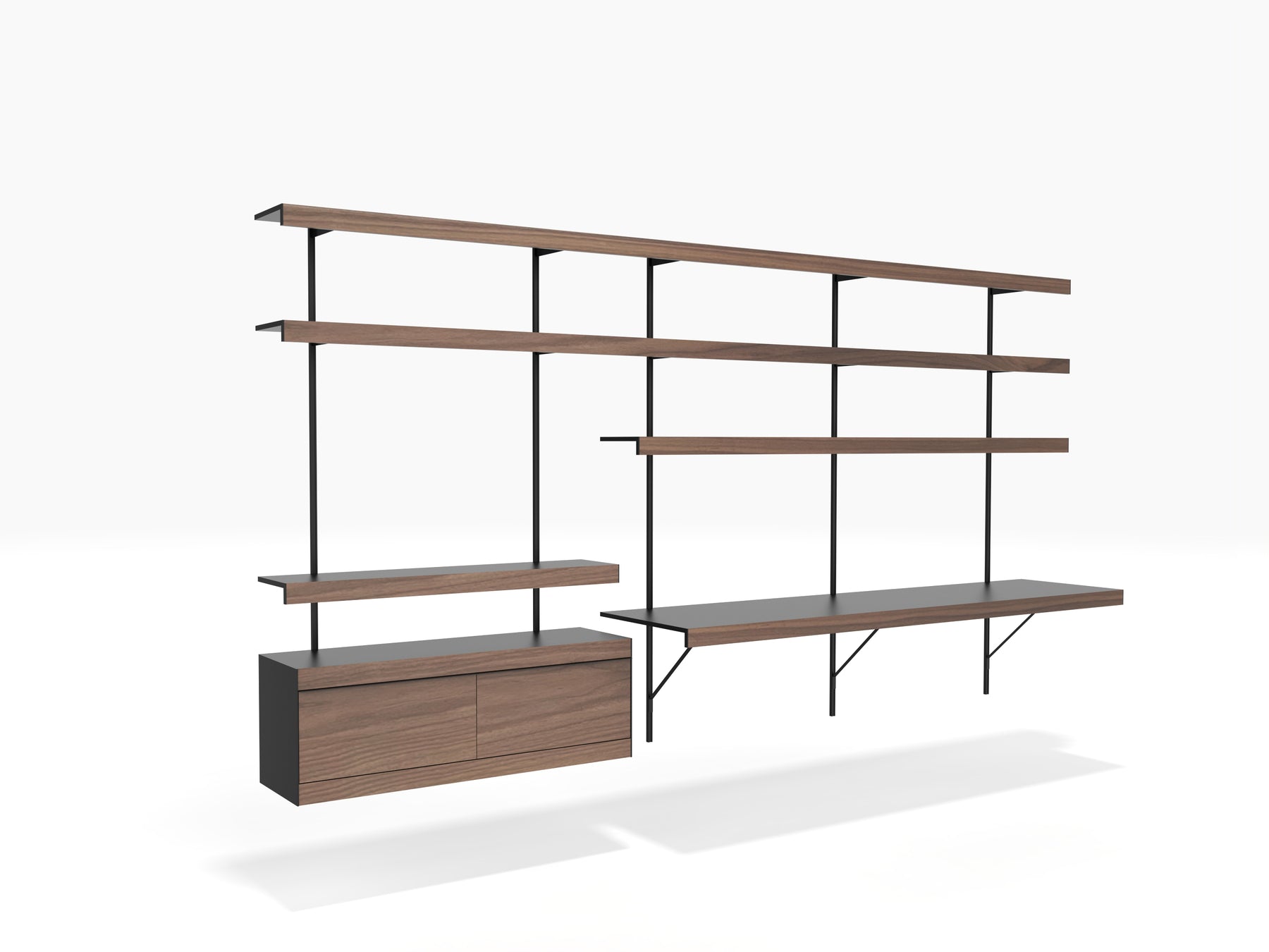 modular wall shelving system for home office for two workstations