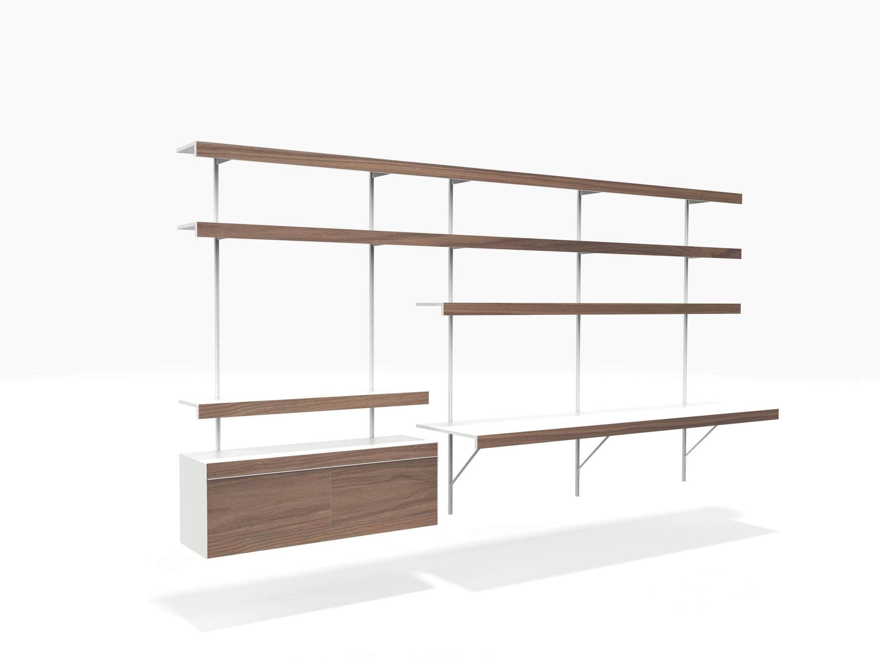 large wall mounted floating computer desk with wall shelving above