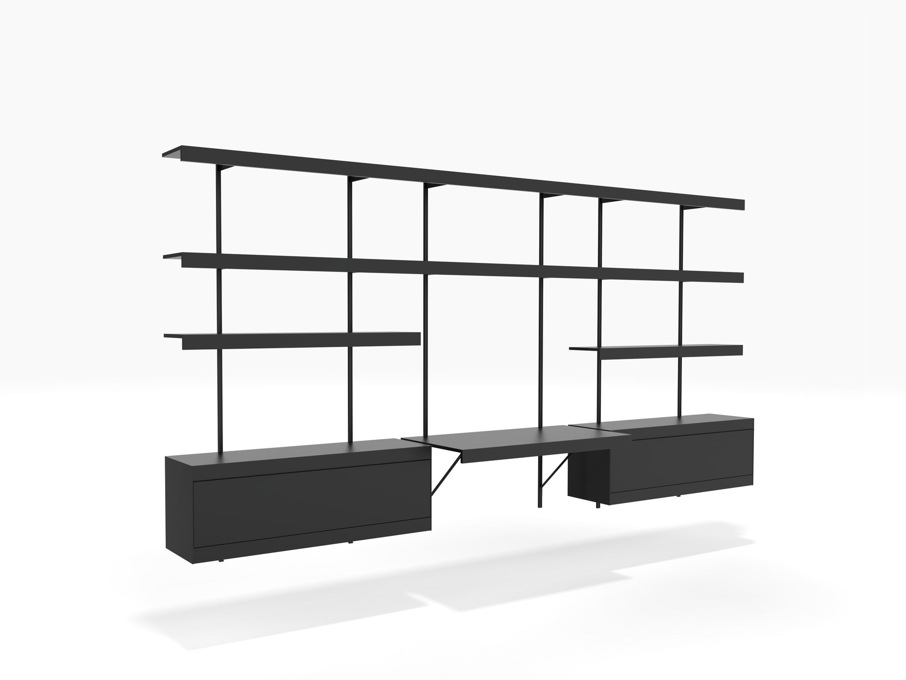 Black modular shelving system with desk and wall shelving