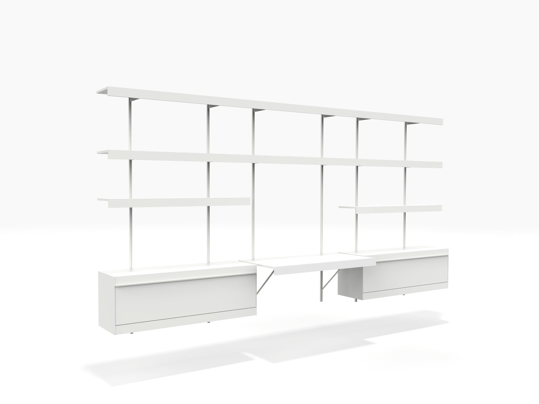 large white home office desk system with wall desk and shelving