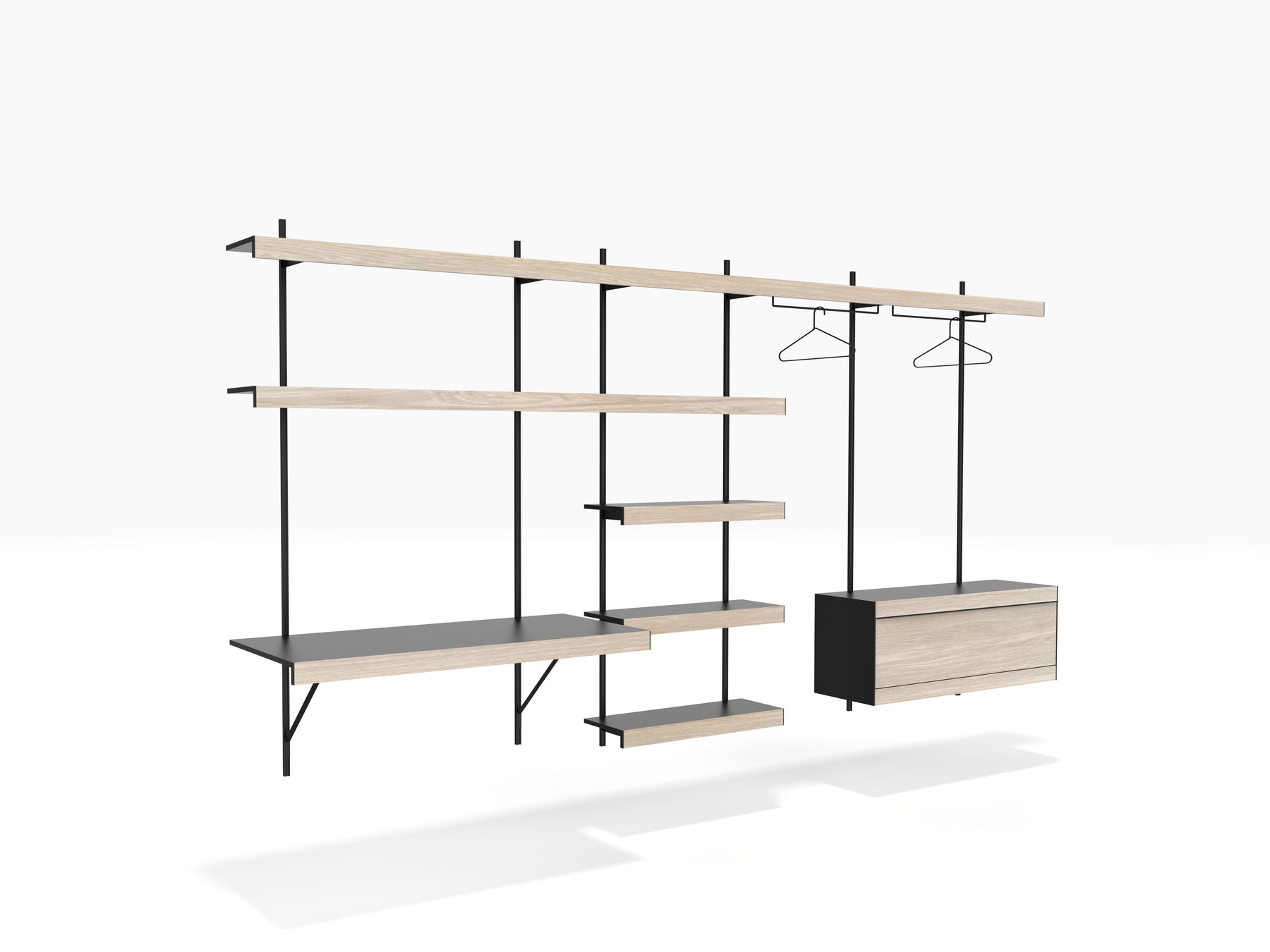 open wardrobe modular shelving with floating wall desk