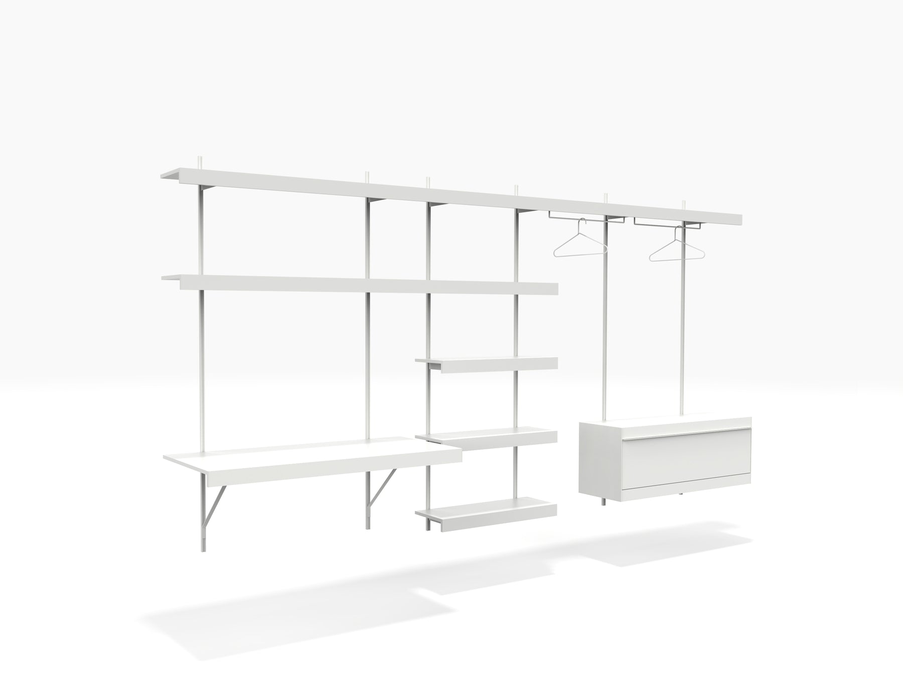 modern wall storage unit for living room with desk and clothes hanging area