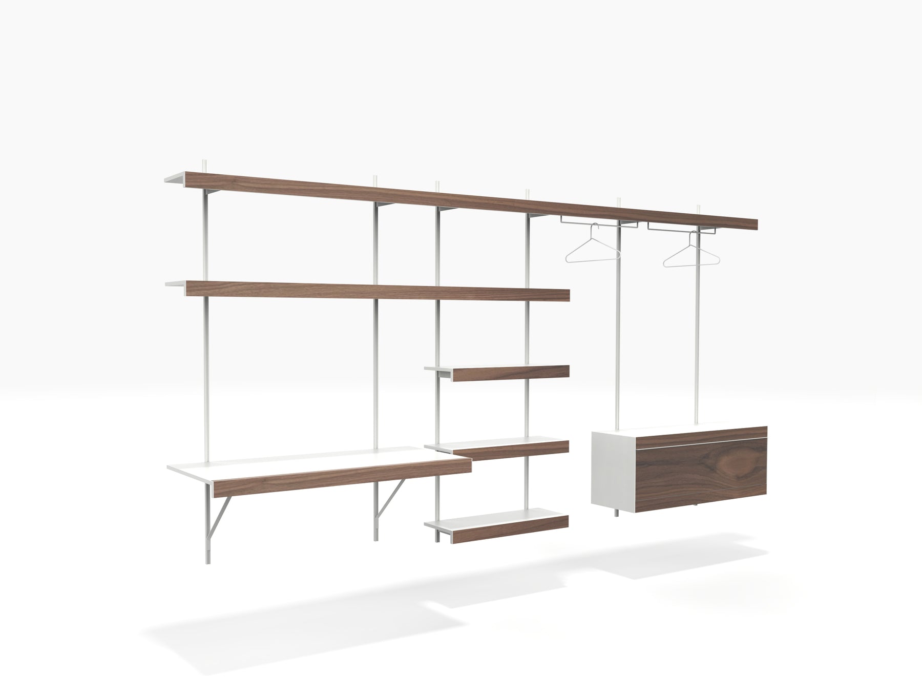 versatile bedroom shelving system with wall desk