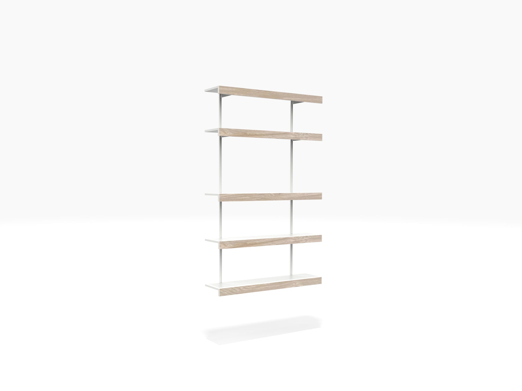 Modular shelving with adjustable wall shelves in white & oak
