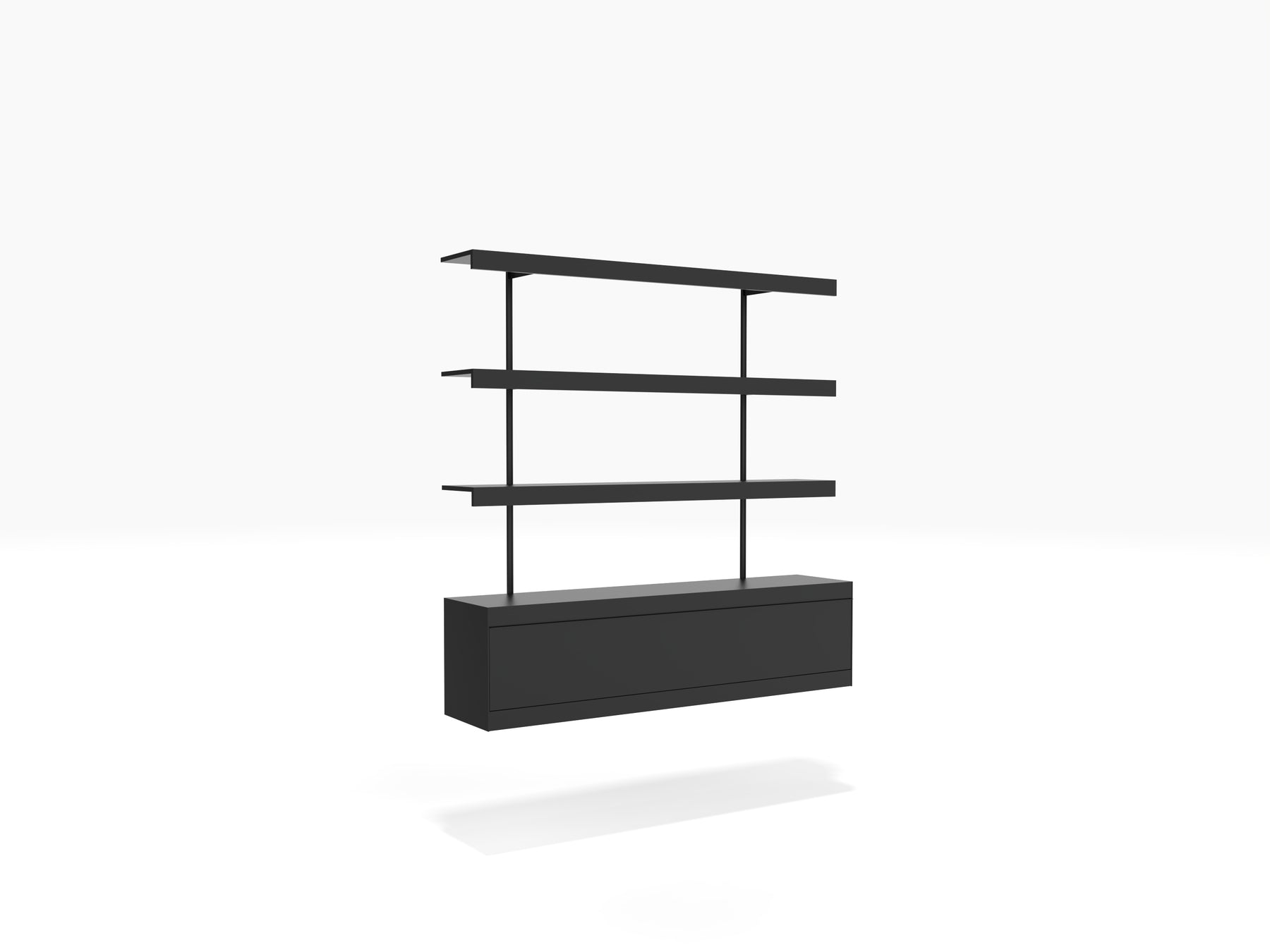 Wall mounted black shelving system with wall cabinet