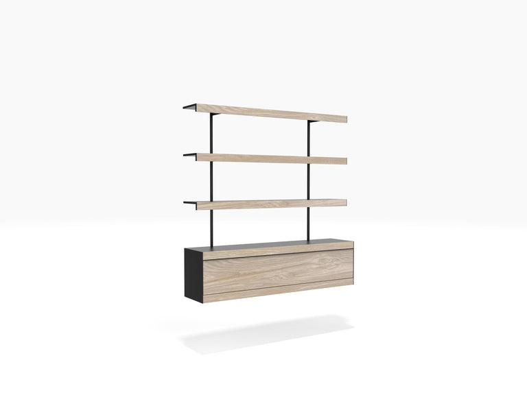 Wall shelving with cabinet in black & oak