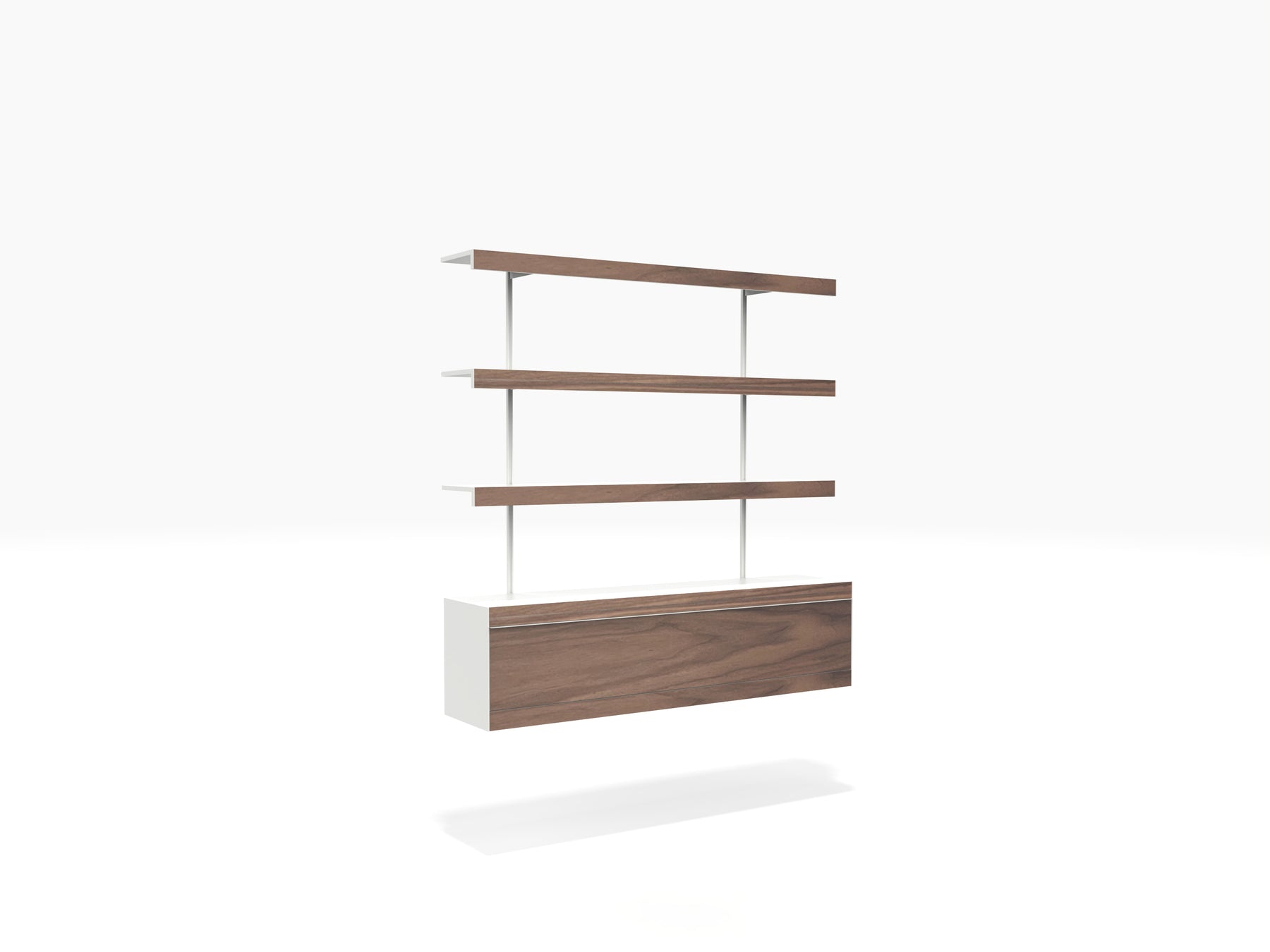 white & walnut wall shelving system with fold down door cabinet