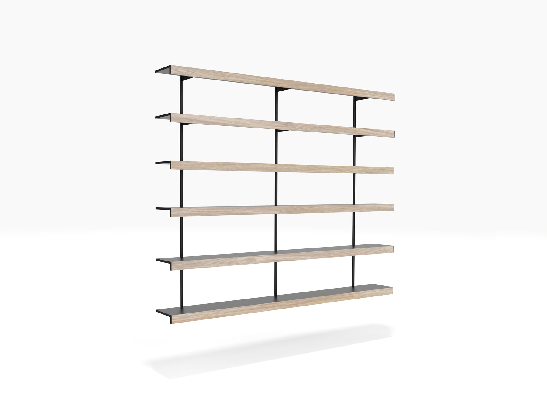 Black & oak modular shelving system with long shelves