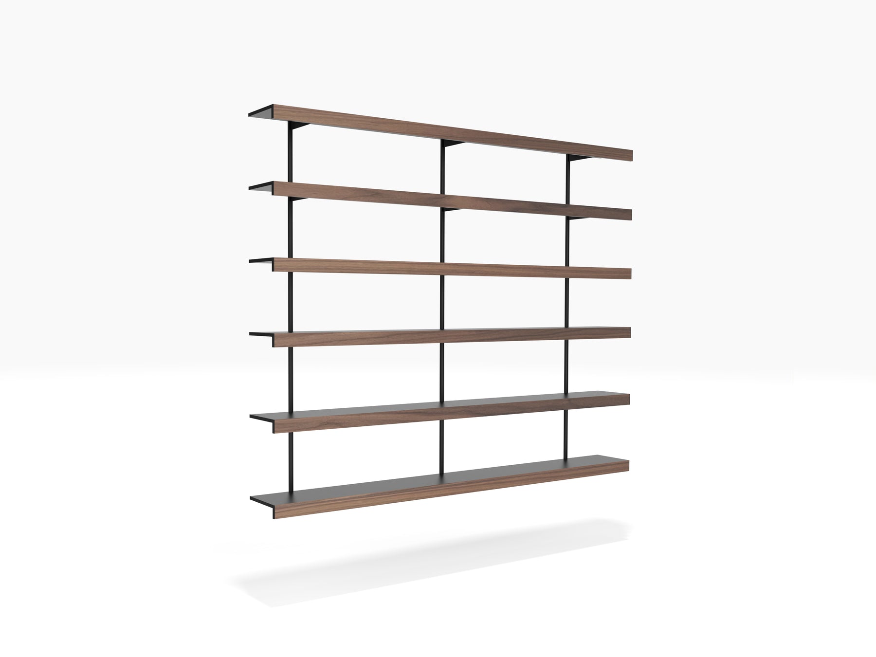Black & walnut long wall shelving system 