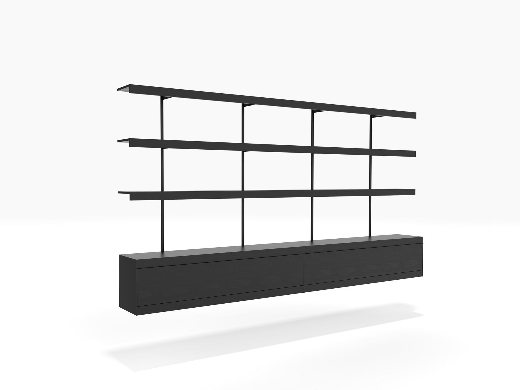 Black modern shelving system wall mounted with cabinets