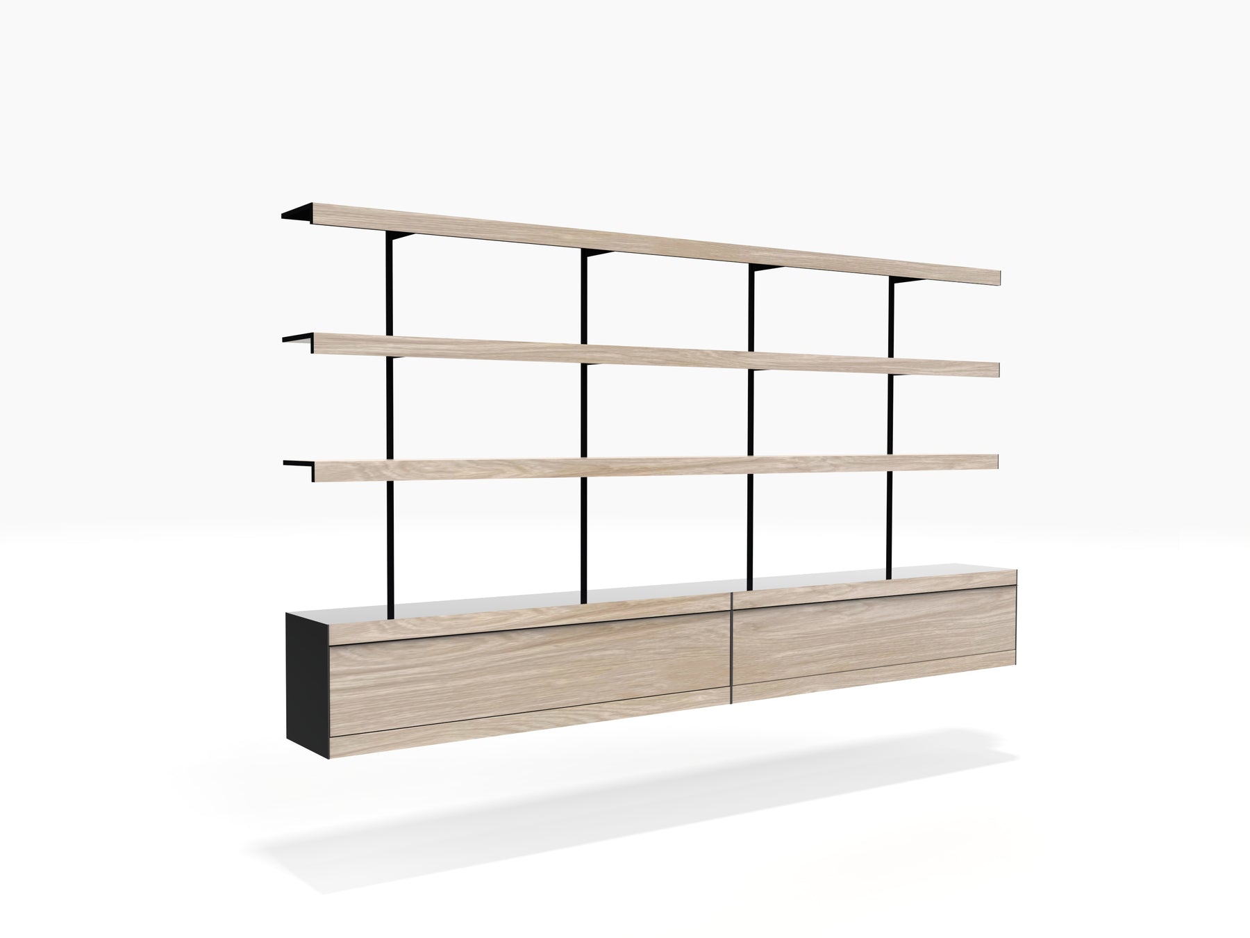 Oak & black wall mounted modular book shelving system