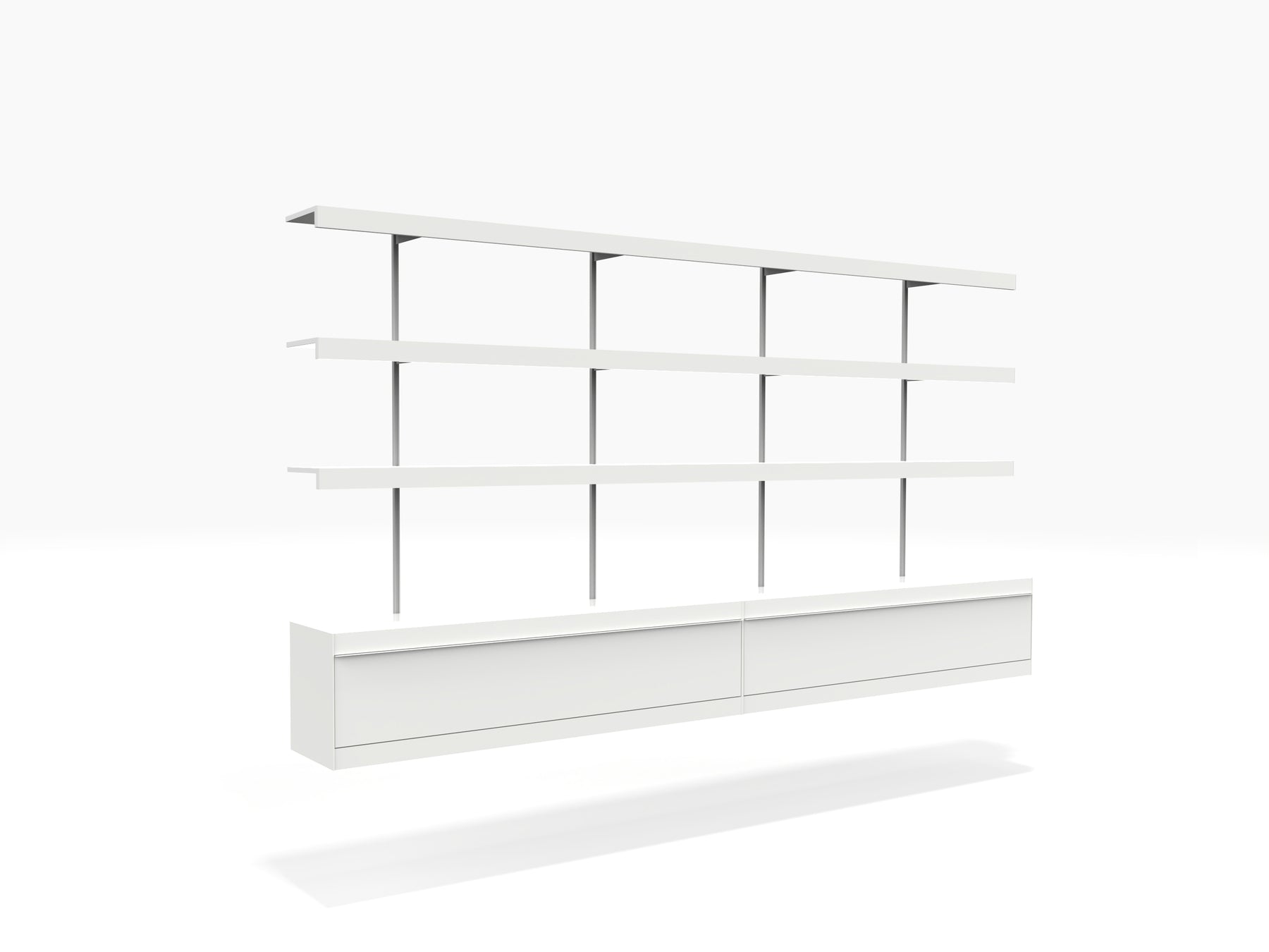 white wall modular shelving with cabinets