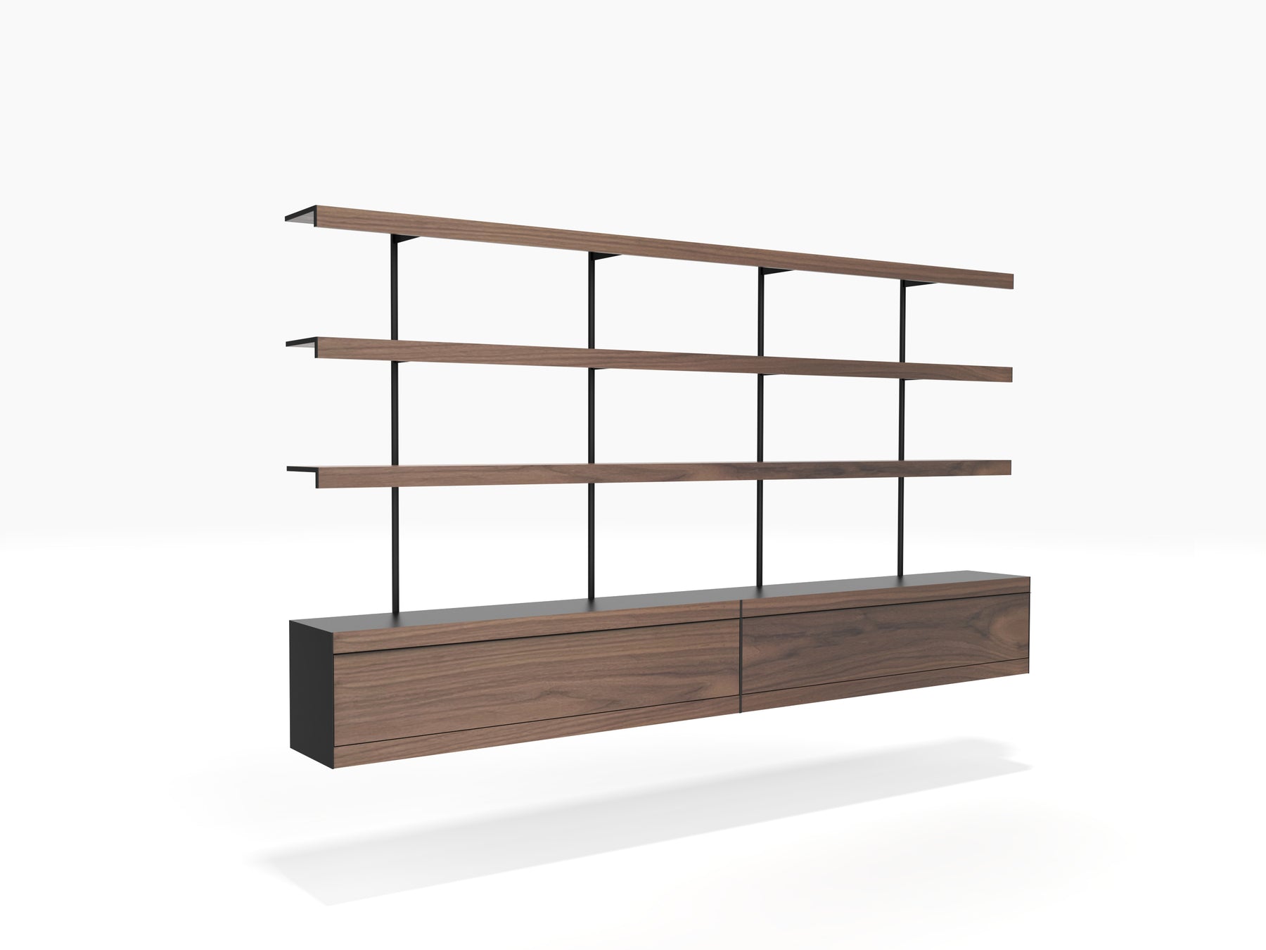 Black and walnut modular wall mounted shelving system with cabinets