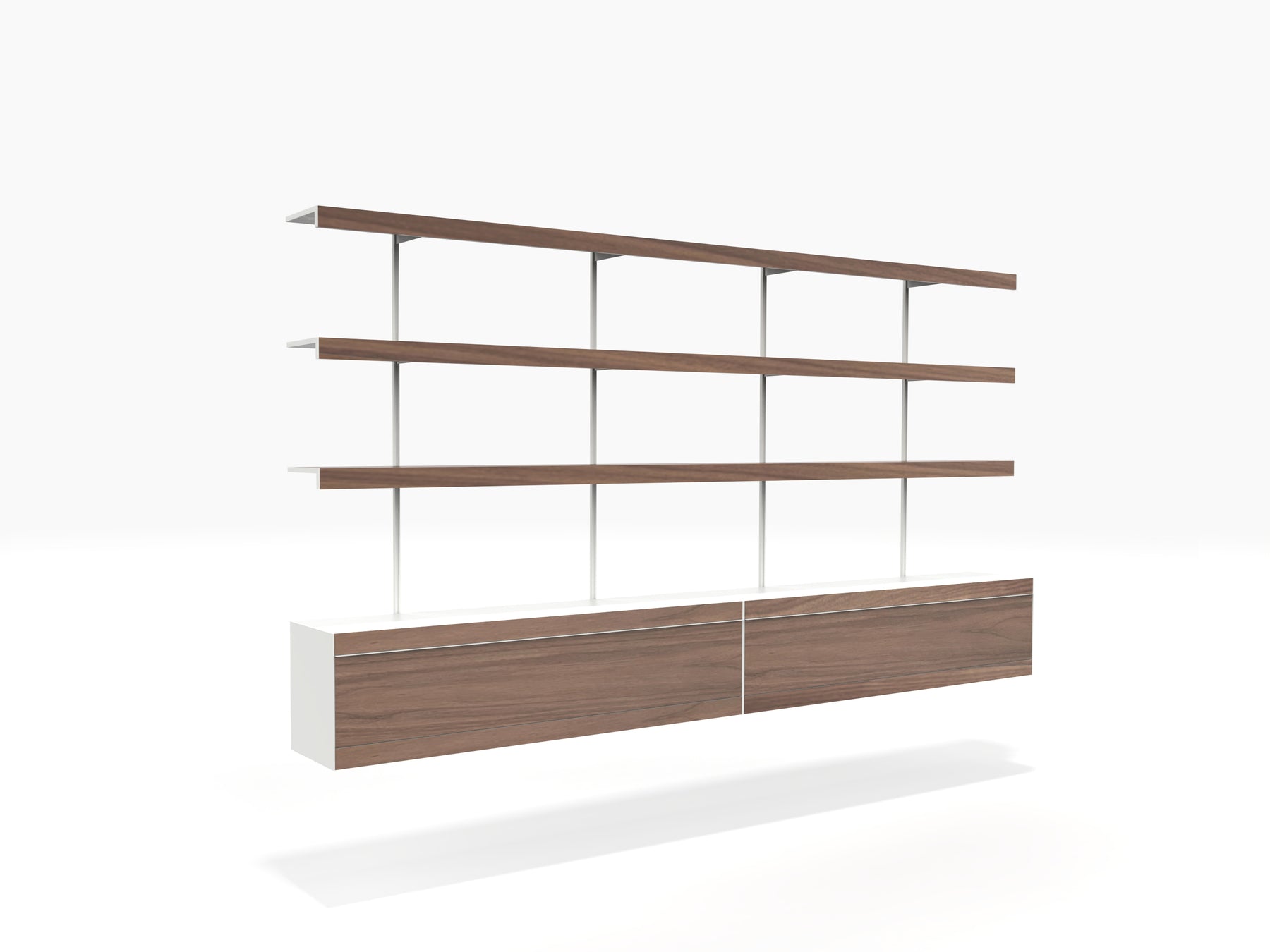 Modern wall shelving with wall mounted cabinets in white & walnut finish