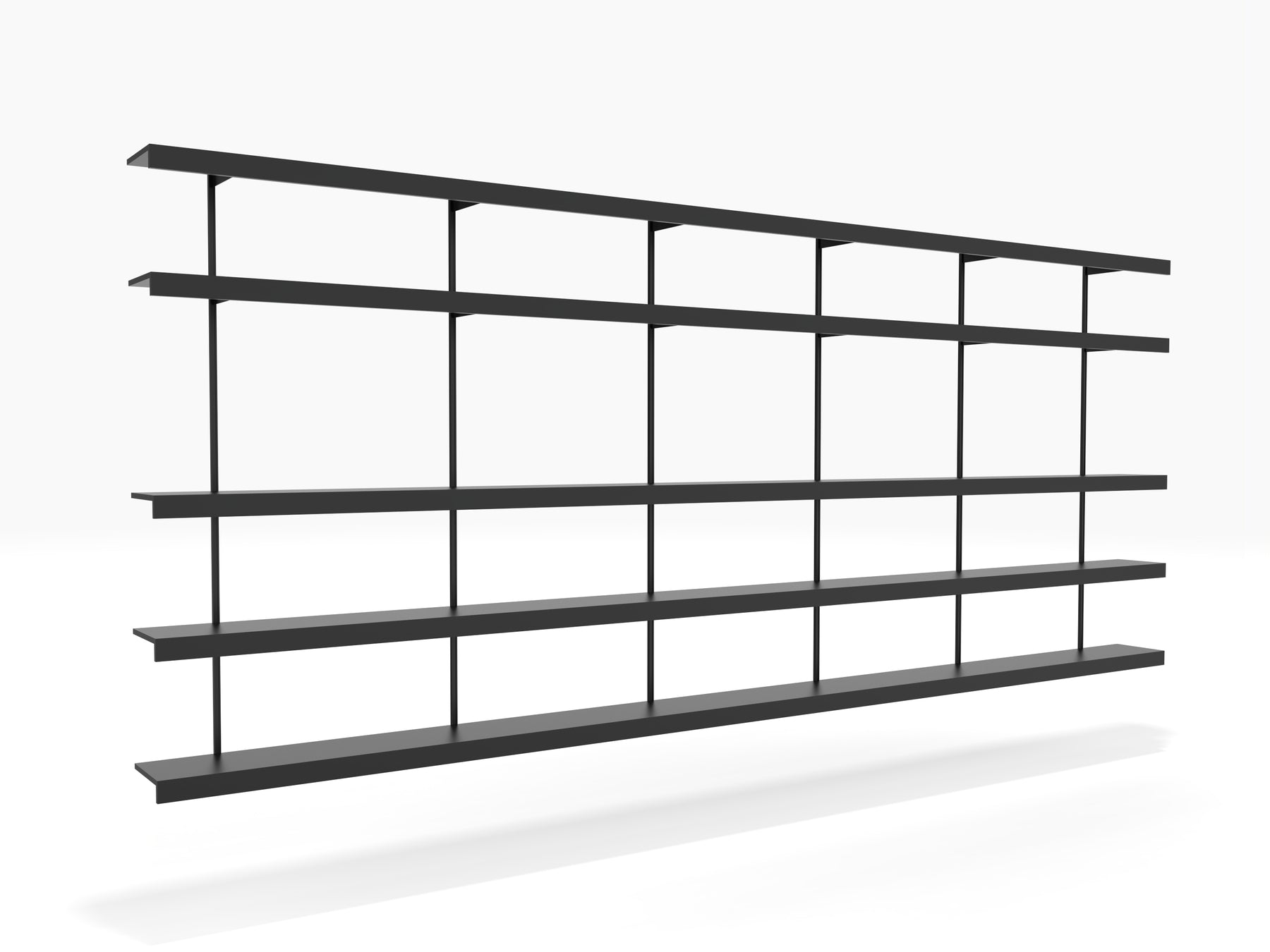 Very long aluminium wall shelves in black